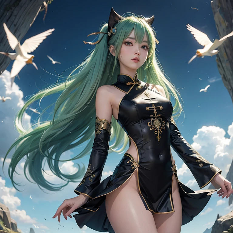 ((masutepiece、An ultra-high picture quality、ultra-quality、8K、clear details、face perfect、Phenomenally cute face、perfect and slender body、realphoto、)) student、A cute girl with green hair that stretches down to her back, Standing around 150cm tall.、Green hair、Hair fluttering in the wind、 black chinese clothes、The crotch visible from the black Chinese dress fluttering in the wind、Give me a sullen look, but she looks shy.、(A photo looking up from below with a full body composition、The wind flips my clothes and I can see my crotch..)