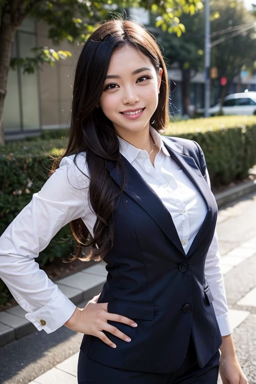 Floresta, chuva, studiolight, profundidade de campo, parte superior e inferior do corpo, delgado, cara bonito, grande sorriso, belos olhos de detalhe, without false eyelashes, short eyelashes, 52 years Japan, fofo, cachos volumosos marrons quentes, Office suit, law office, puro,