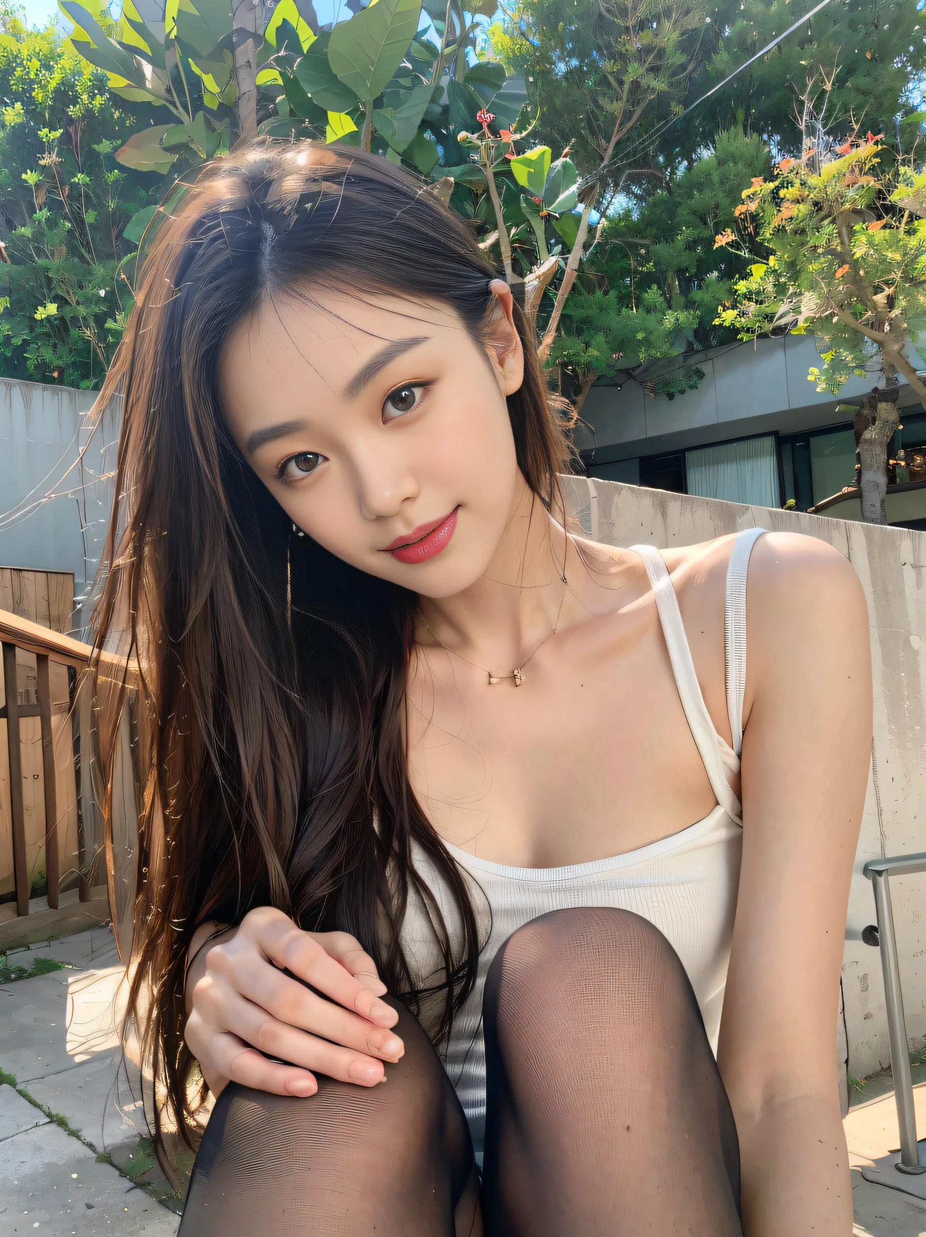 Masterpiece, Best quality，8K, 超高分辨率，Reallightandshadow，(beautidful eyes:1.1)，Beautuful Women，Summer clothing，hand on knee，Bare legged，cropped legs，(Faraway view)