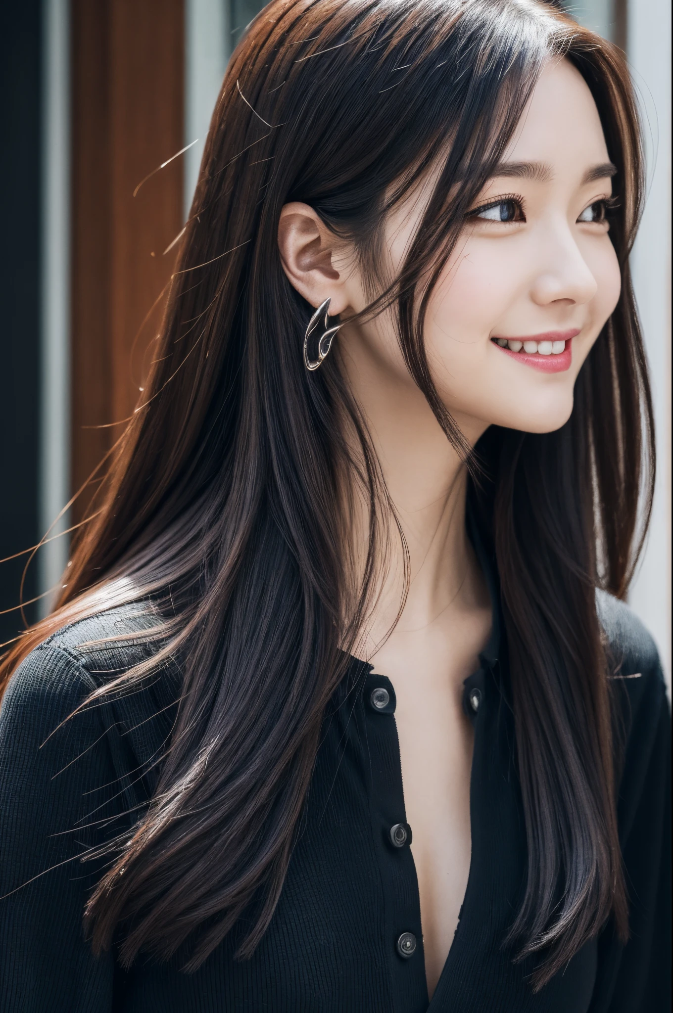 Walk the streets of the city,One lady、 Black shirt, wearing gorgeous black clothes, She wears a black shirt.Black Dress, shopping, In the city, highly detailed beautiful girl, Highly detailed face, Highly detailed eyes, highly detailedskin, extremely detailed fingers, highly detailed nose, very detailed detailed mouth、Smile a little、black pendant、Skipping、Listening to music、I&#39;m breathing