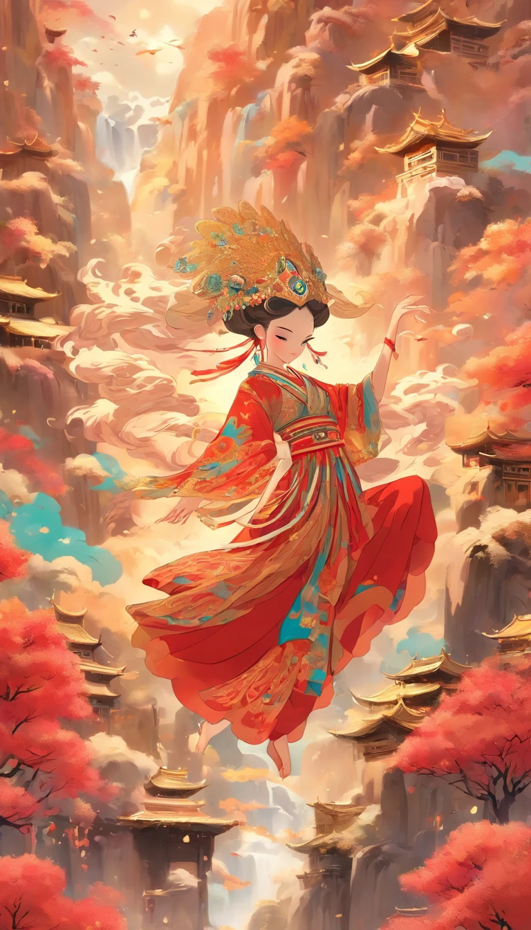 wall paintings，Ultra-high sharpness，themoon，The scene is magnificent，Colorful，vivd colour，Wearing a red silk dance skirt、Dancer wearing golden round headdress，The facial features are delicate and beautiful，Riding on the white deer，White deer steps on colorful clouds，Xinjiang architecture，Idyllic Xinjiang murals, gold and red style, Layered landscape, japanese style art, monumental murals, Ricoh FF-9D, Golden Age aesthetics, exotic