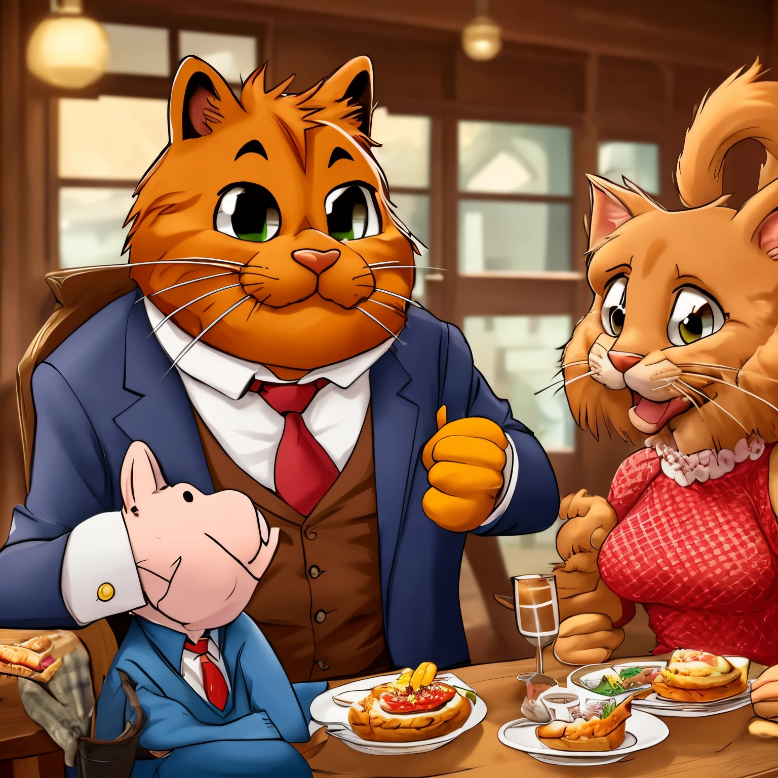 super high quality, super handsome Garfield is on a date with a beautiful woman, background in town