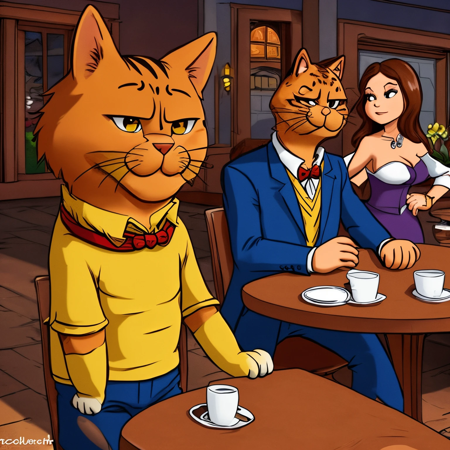 super high quality, super handsome Garfield is on a date with a beautiful woman, background in town