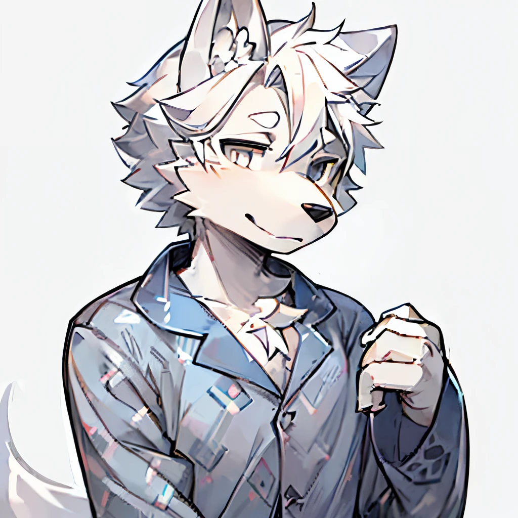 ((Solo)), in his hand (furry anthro) (White wolf_Boy:1.5),(Gray eyes_Wear cotton pajamas_white colors_:1.5).