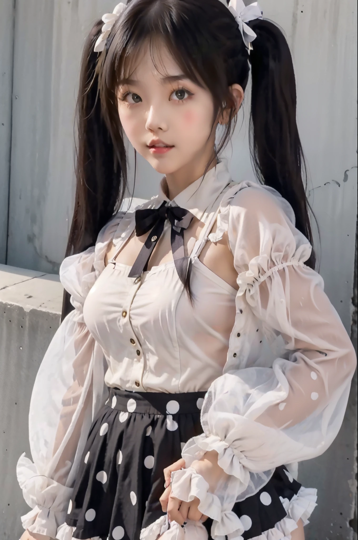 1girl, twintail, upper_body, Polka dot blouse, High-waisted skirt, Ankle socks, Platform loafers, and cute hair accessories.
