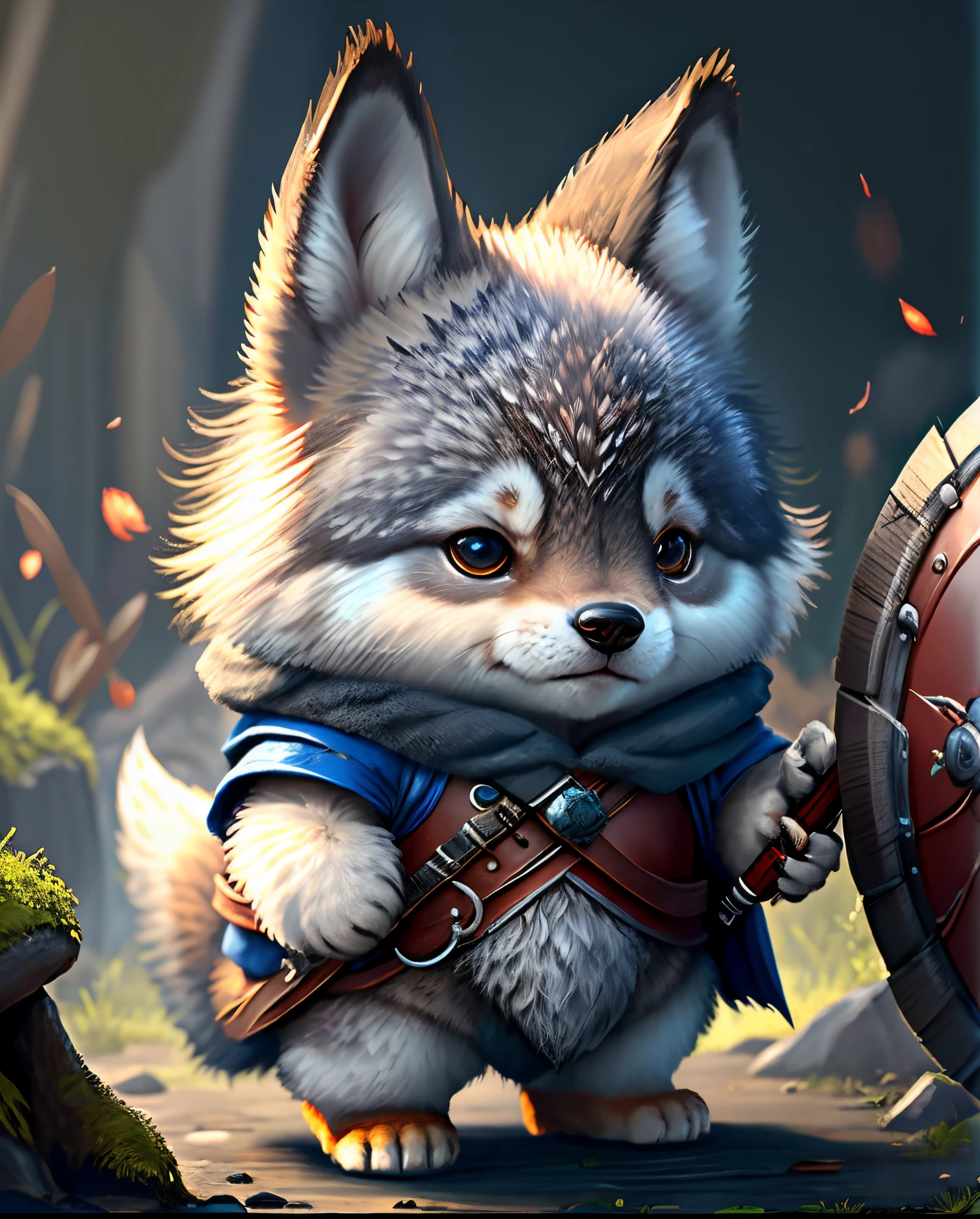 Top image quality、"A masterpiece of creating cute creatures. 1 male wolf、(gray wolf), high detal, 8K、Top image quality、Dress up as an adventurer、Sword in hand、Video Game Hero Costumes、(((kawaii)))、