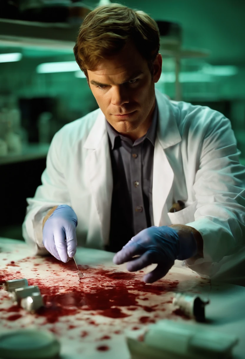 A photo of Dexter in his lab, carefully analyzing blood spatter patterns,original,michael c hall