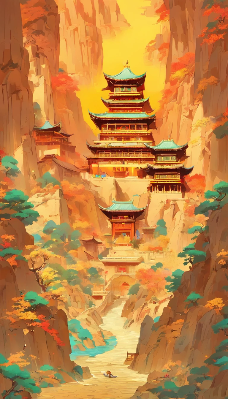 Xinjiang architecture,wall paintings,Ultra-high sharpness,themoon,The scene is spectacular,Colorful,vibrant with colors,Idyllic Xinjiang murals, gold and red style, Layered landscape, japanese style art, monumental murals, Ricoh FF-9D, Golden Age aesthetics, exotic