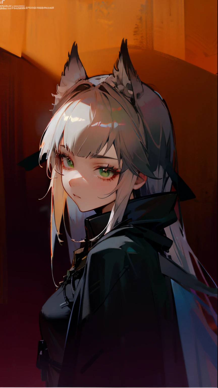 1 woman, black robe, green eyes, white hair,anime, realistic,Black head covering,ultra detail