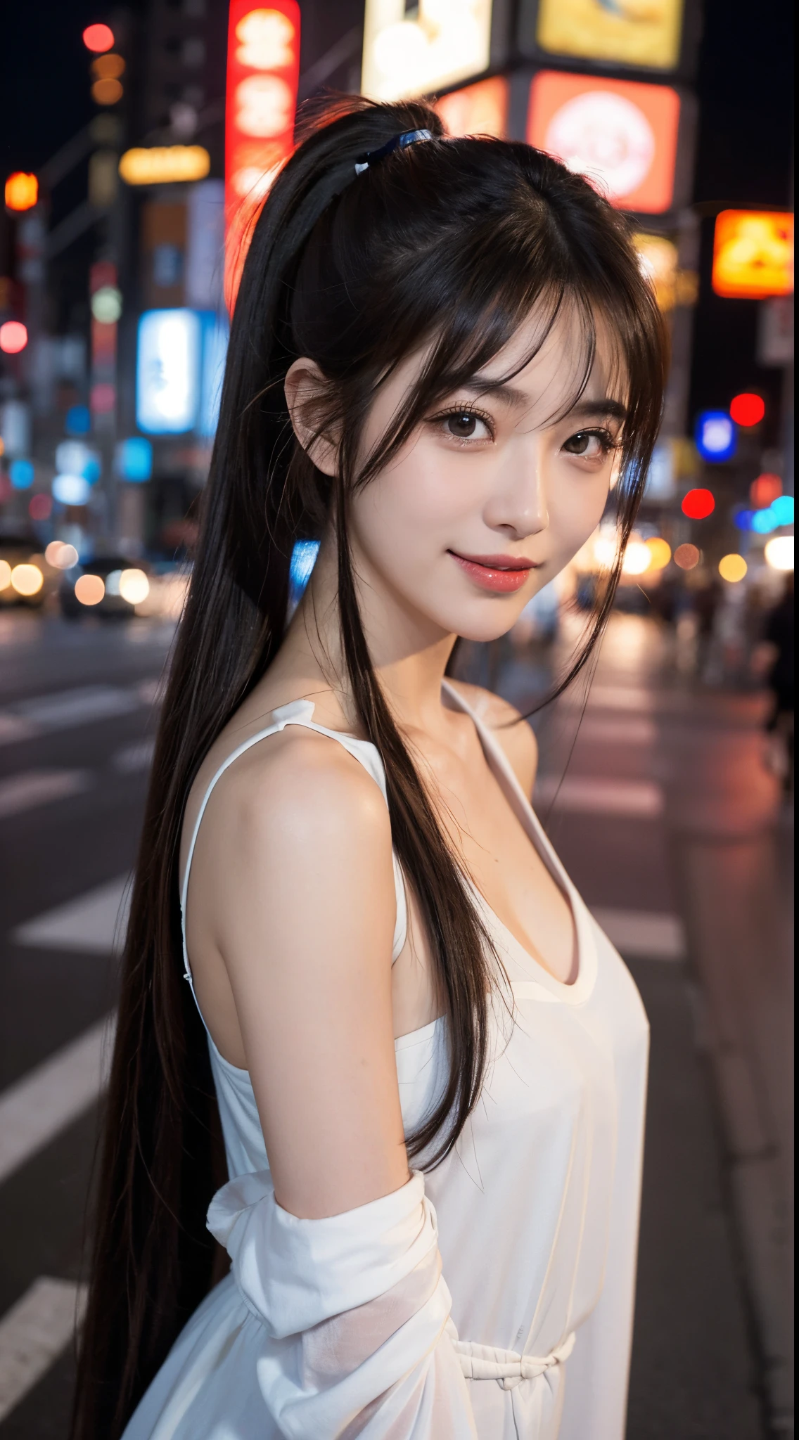 1girl in、Streets of Tokyo、natta、A city scape、city light、The upper part of the body、a closeup、8K、Raw photography、top-quality、​masterpiece、realisitic、Photorealsitic、poneyTail,sexy lip,disheveled hair,Lovely smile,