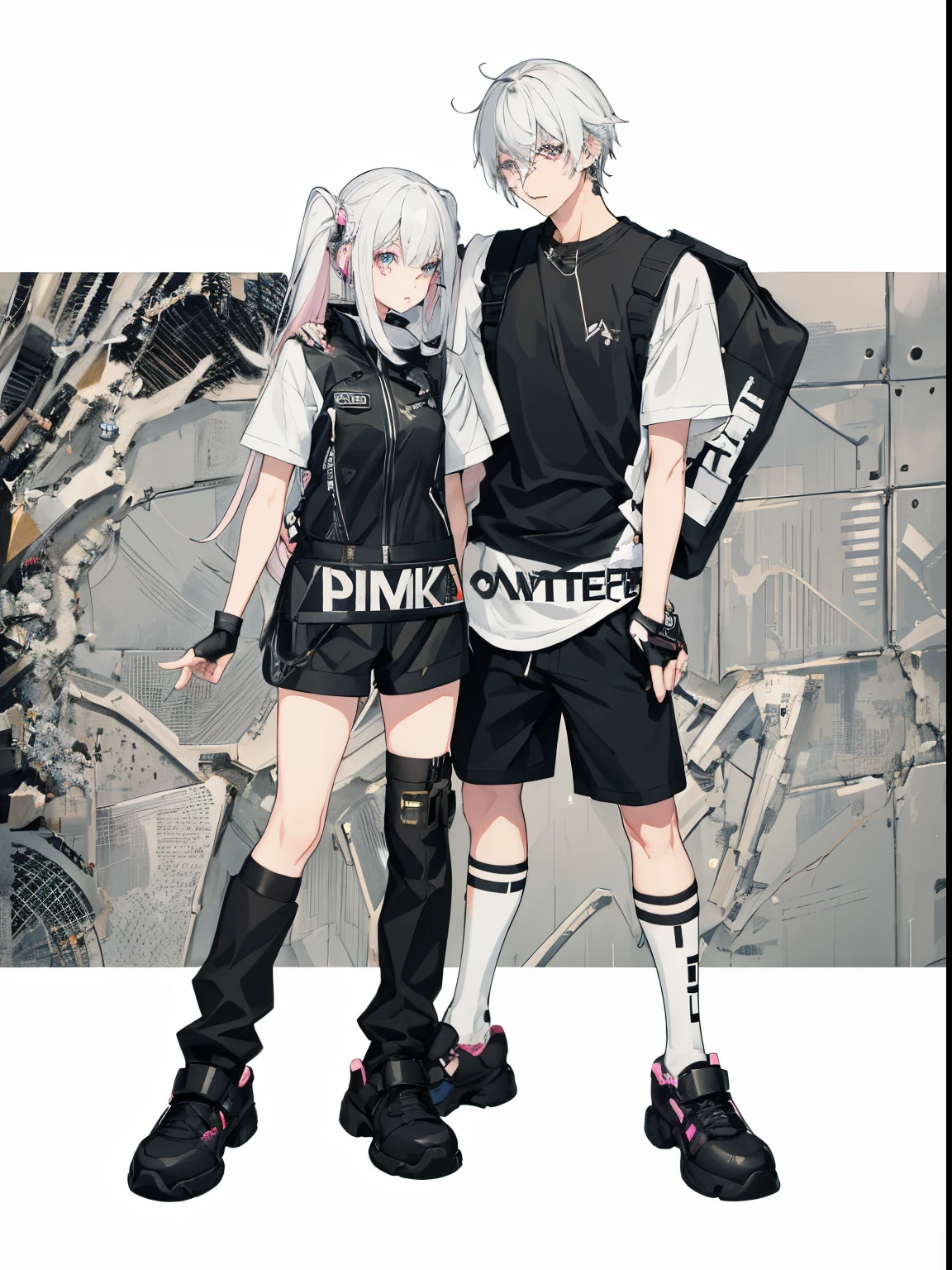 Anime couple wearing black and white clothes standing side by side, cyberpunk streetwear, Girly frontline style, modern anime style, guweiz on pixiv artstation, wearing cyberpunk streetwear, Guviz-style artwork, Cyberpunk costumes, Pixiv style, black white pink, ((Pink)), guweiz on artstation pixiv, style anime