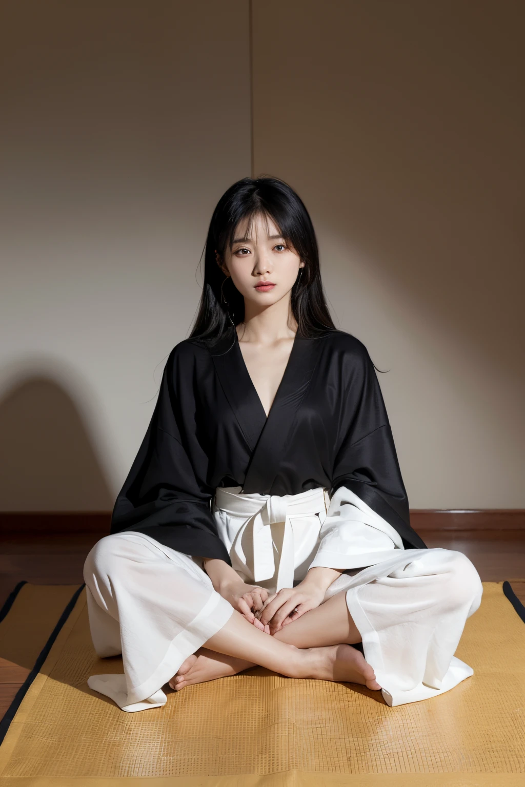 A man wearing a flowing black and white robe、Chinese woman with gold belt，Sit on a mat and meditate，he crosses his arms，The robe covers the legs，The temperament is elegant，sitting upright，blank background behind。