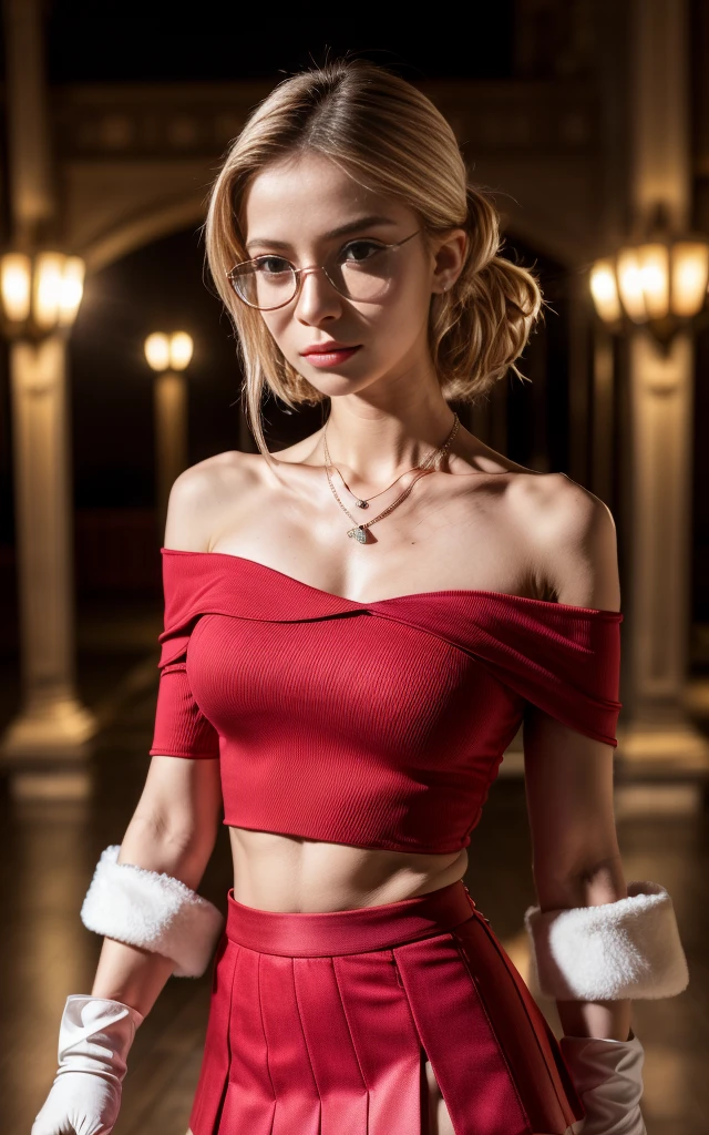 (8K, Masterpiece, RAW photo, Best quality, detail:1.3), (ultra realistic:1.4, scenary, 8K), Depth of field, Cinematic light, (ultra realistic face), (1 ultra skinny girl:1.4), (Beautiful and elegant girl), (tight red miniskirt:1.4), (girl with glasses), (latina face:1.5), (natural abs), (full body:1.6), (off-shoulder tight minitop:1.4), (small necklace, collarbone), (ultra detailed skin:1.3), (tight small gloves:1.2), (complete standing pose:1.2), (ultra realistic skin:1.3)