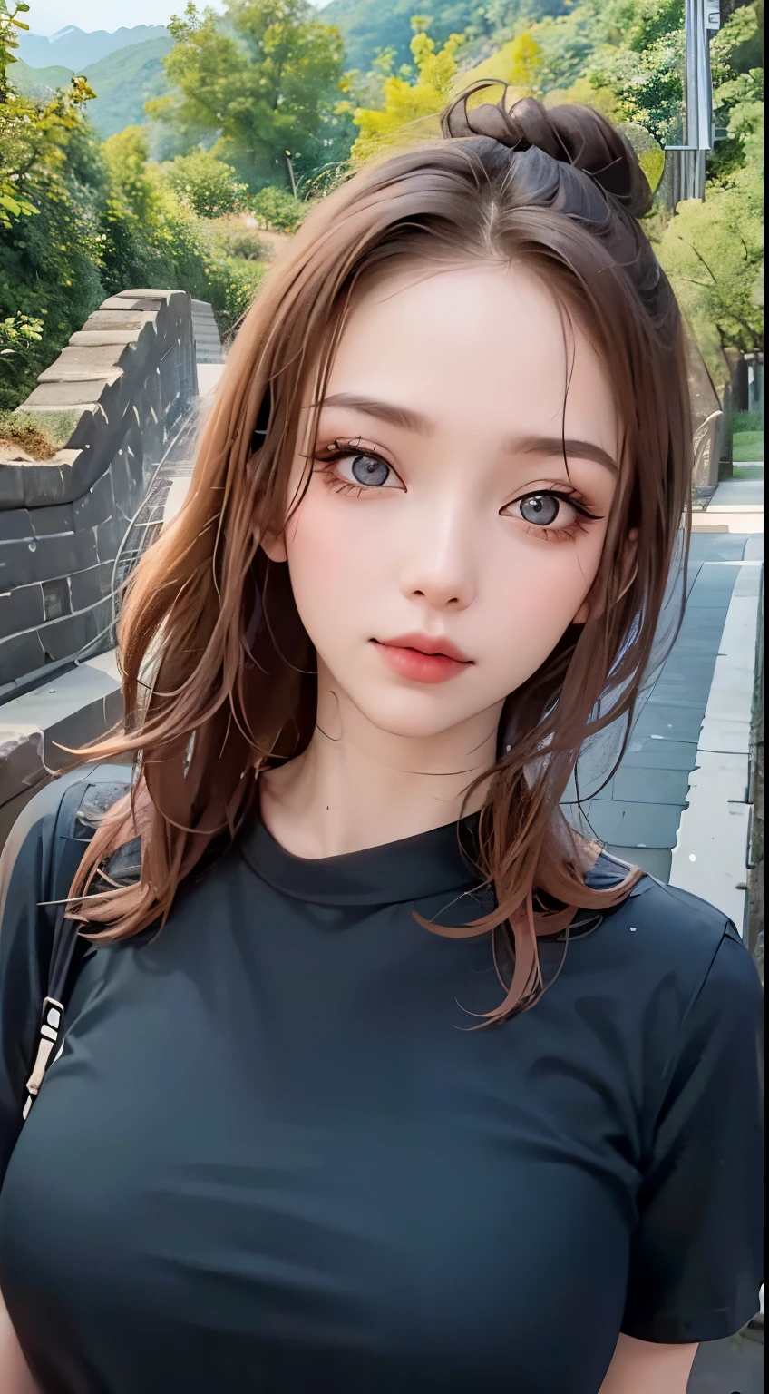 tmasterpiece, Best quality at best, 8K high resolution,18yo Girl, beauitful face, highdetailskin,red tinted hair, long leges,Bigchest,hyper-detailing, 超高分辨率, realistically, ,lens flare glow, (Top buns:1.5),(Same makeup for both eyes:1.5),It's a perfect face,pull eyes, Detailed lighting, 詳細な目,facelift,putting makeup on,Full body lesbian,Background with,Big gears,Big gears,with blue sky and white clouds,The mountains are full of flowers,The Great Wall of China