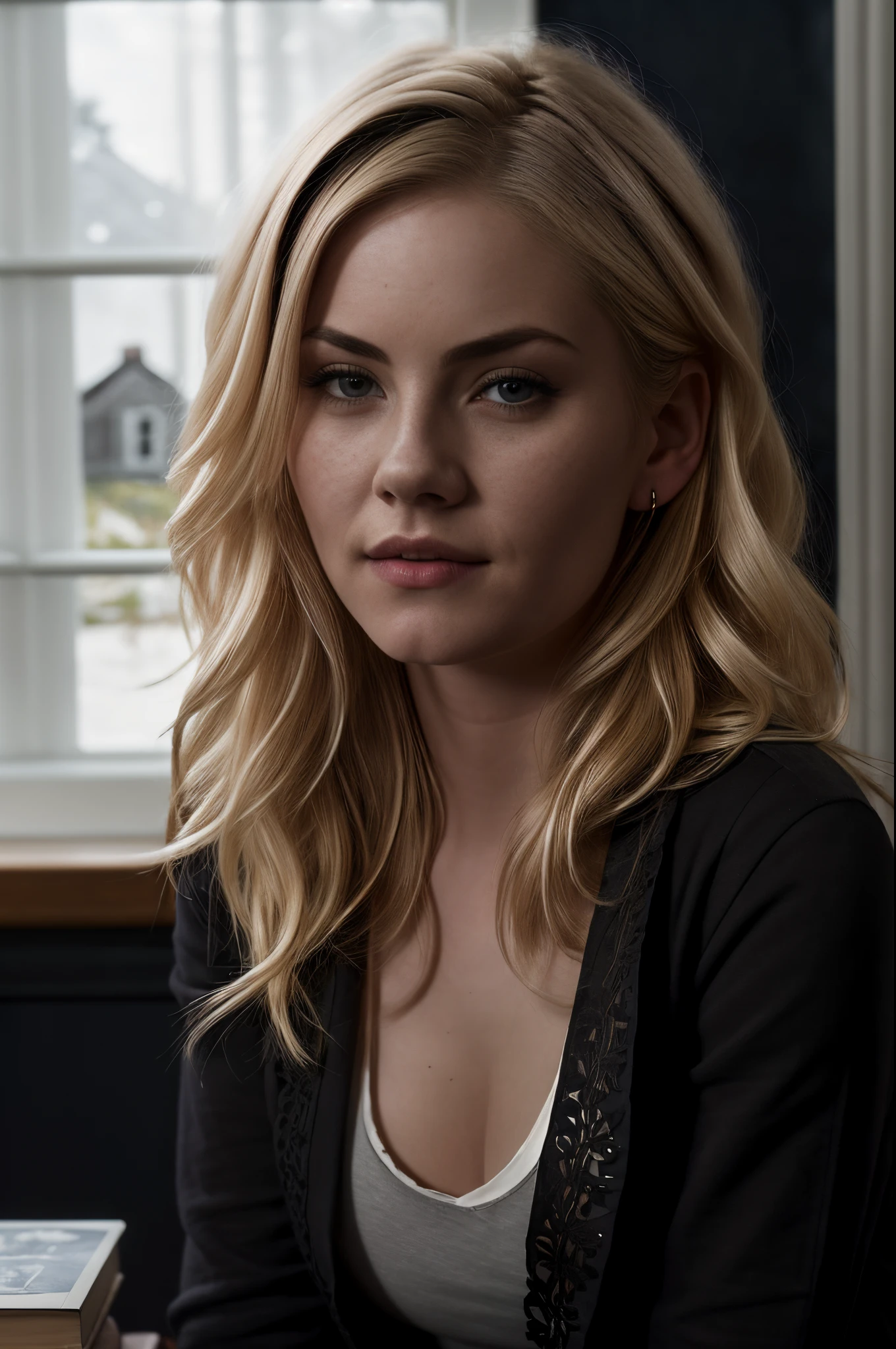 (close-up, editorial photograph of elishacuthbert-smf), (highly detailed face:1.4) (smile:0.7) (background inside dark, moody, private study:1.3) , (detailed skin:1.2),
1girl,solo, blonde hair, table, realistic, kitchen, window, looking at viewer, jacket, pants, lips, long hair, house interior, decorated walls, t-shirt, mid-body