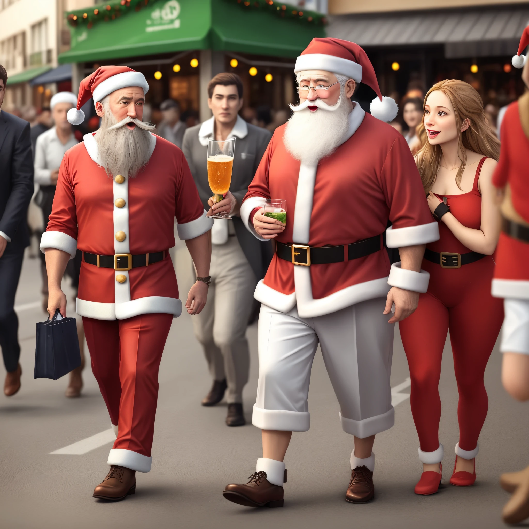 Santa Claus drinking water and walking among people. Na esquina tem uma loja escrito Pipo