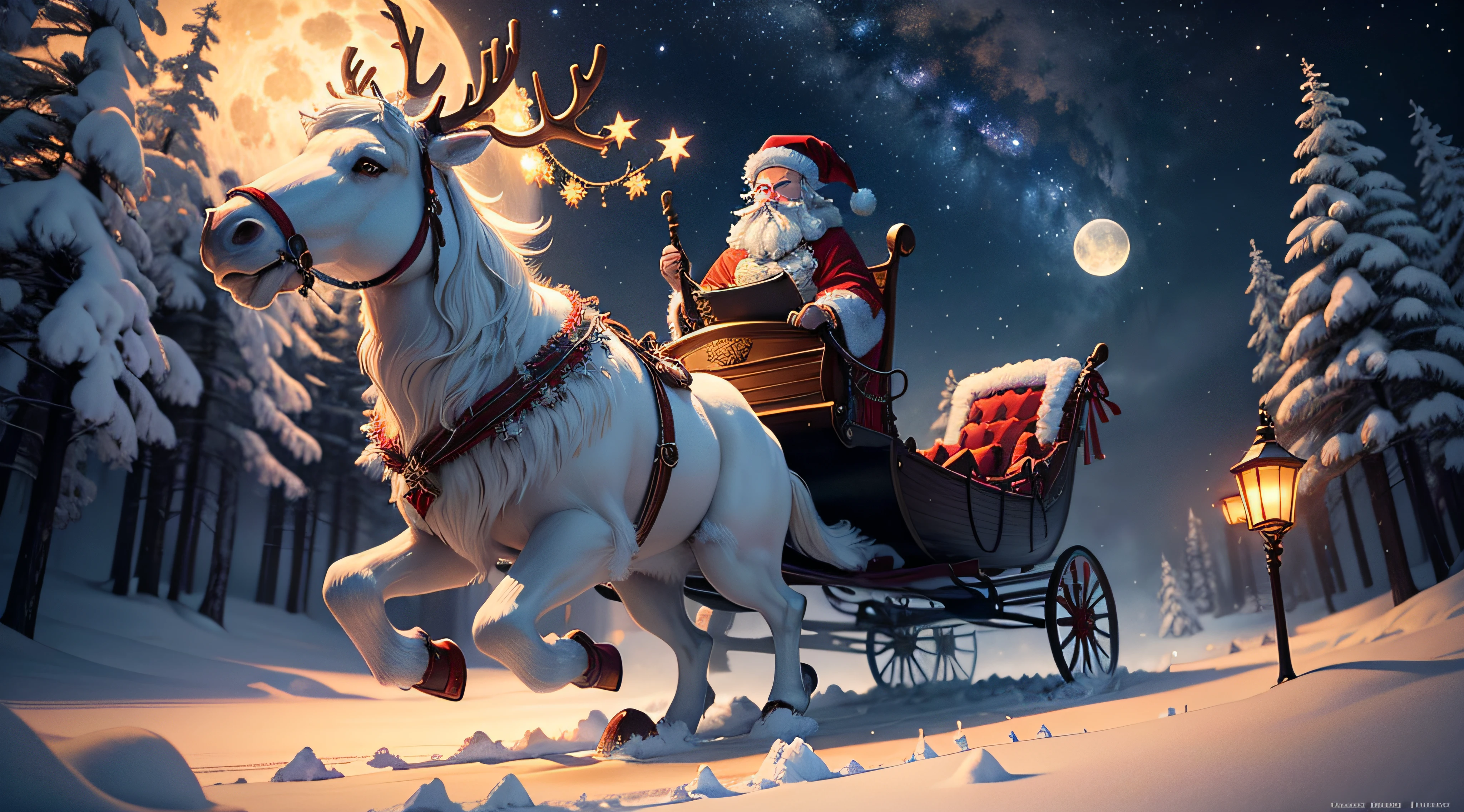 a detailed scene of Santa Claus and his reindeer sleigh flying in the sky, with a sense of wonder and magic, depicting a snowy winter night. The focus is on Santa Claus and the reindeer, with their intricate and dynamic poses captured. The reindeer's antlers are majestic and Santa Claus is portrayed as jolly and vibrant, with a long white beard. The sleigh is made of wood, beautifully painted with vibrant colors, and adorned with magical lights. The sky is filled with stars, and a bright full moon illuminates the scene. The colors are rich and vivid, with a mix of cool tones to represent the winter night. The lighting is soft, casting a warm glow on Santa Claus, the reindeer, and the snow-covered landscape below. The scene is highly detailed and realistic, with each individual snowflake carefully rendered. The overall image quality is exceptional, with sharp focus and an ultra-detailed depiction of every element. The art style combines elements of illustration and photography, creating a visually stunning and captivating artwork.