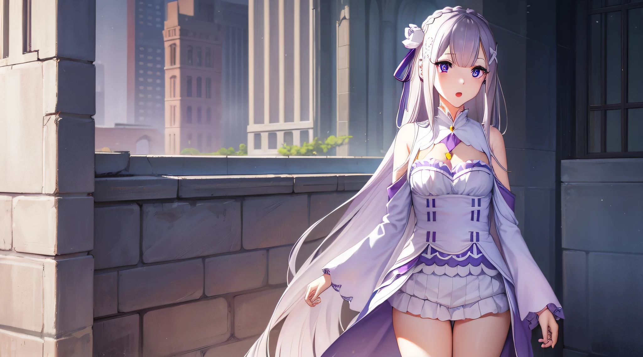 rezeroemilia, emilia, braid, crown braid, flower, hair flower, hair ornament, hair ribbon, long hair, low-tied long hair, (purple eyes:1.2), pointy ears, white flower, x hair ornament, open mouth,
BREAK bare shoulders, detached collar, dress, long sleeves, low-tied long hair, navel, pink dress, shoulder cutout, thigh gap, wide sleeves,
BREAK outdoors, city,
BREAK looking at viewer, (cowboy shot:1.5),
BREAK (masterpiece:1.2), best quality, high resolution, unity 8k wallpaper, (illustration:0.8), (beautiful detailed eyes:1.6), extremely detailed face, perfect lighting, extremely detailed CG, (perfect hands, perfect ???????),