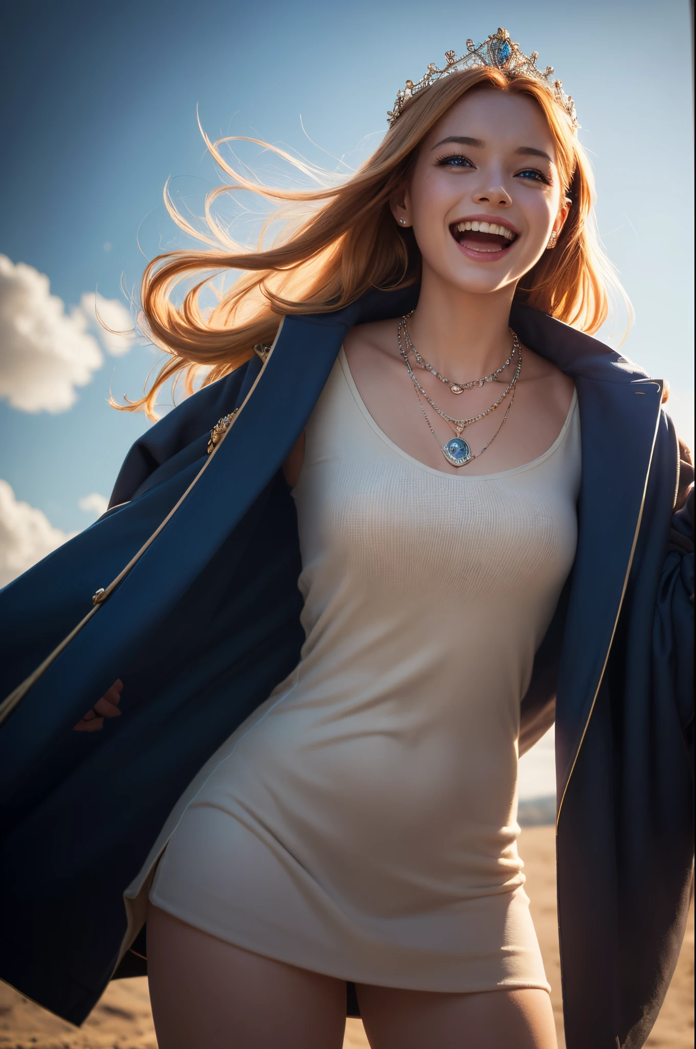 Young goddess, (Her clothes are all flipping up by extremely strong wind:1.3), (wearing robe, tiara, necklace, (blonde | auburn) hair, blue eyes), (background random great nature), (laughing, big smiling), { (dramatic lighting:1), (rembrandt lighting:1.1), surrealism, god rays }, ((masterpiece, 8K highest resolution)), wide view, { (seen from back:0), (reveal pelvis:0) }