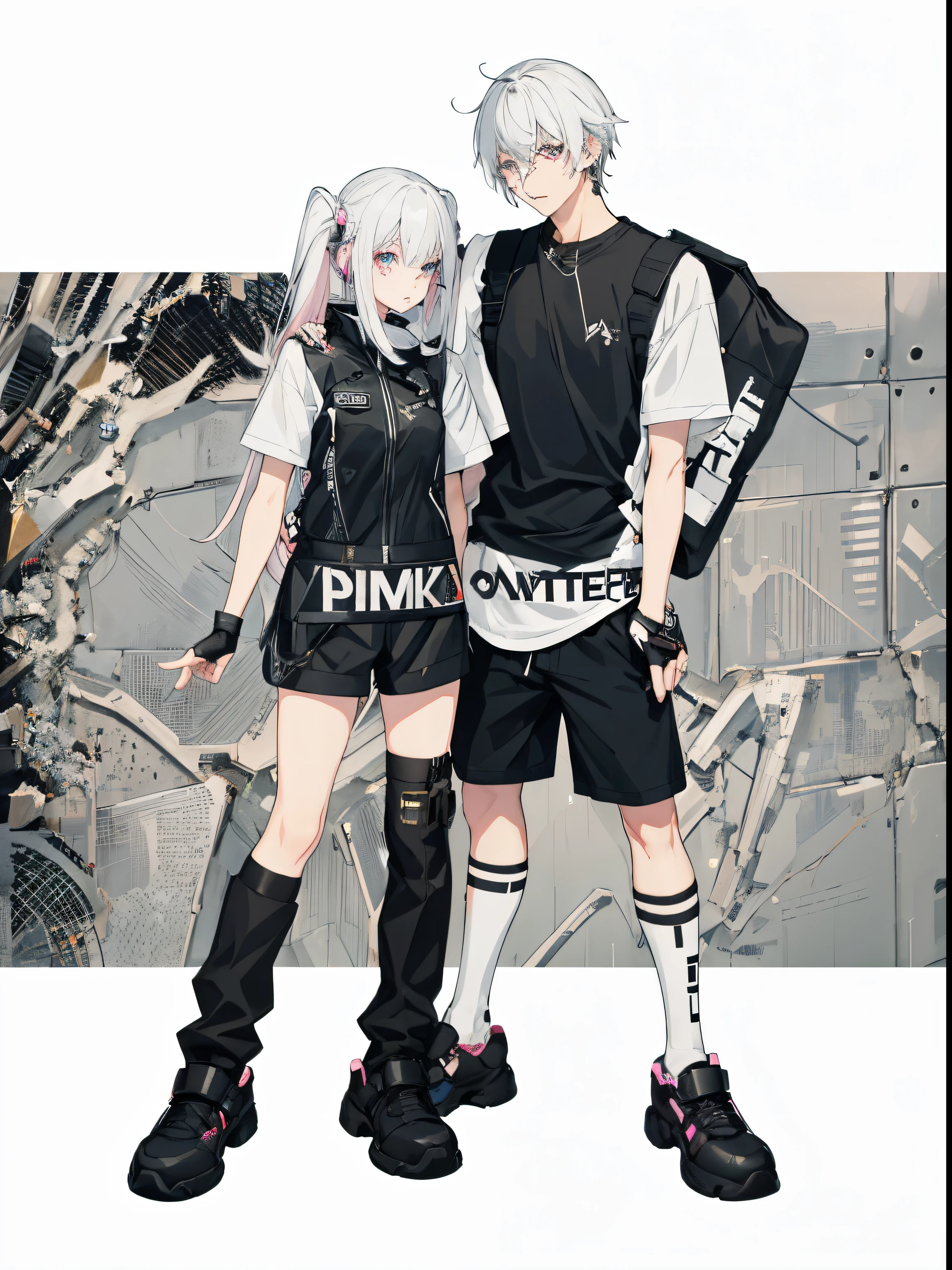 Anime couple wearing black and white clothes standing side by side, cyberpunk streetwear, Girly frontline style, modern anime style, guweiz on pixiv artstation, wearing cyberpunk streetwear, Guviz-style artwork, Cyberpunk costumes, Pixiv style, black white pink, ((Pink)), guweiz on artstation pixiv, style anime