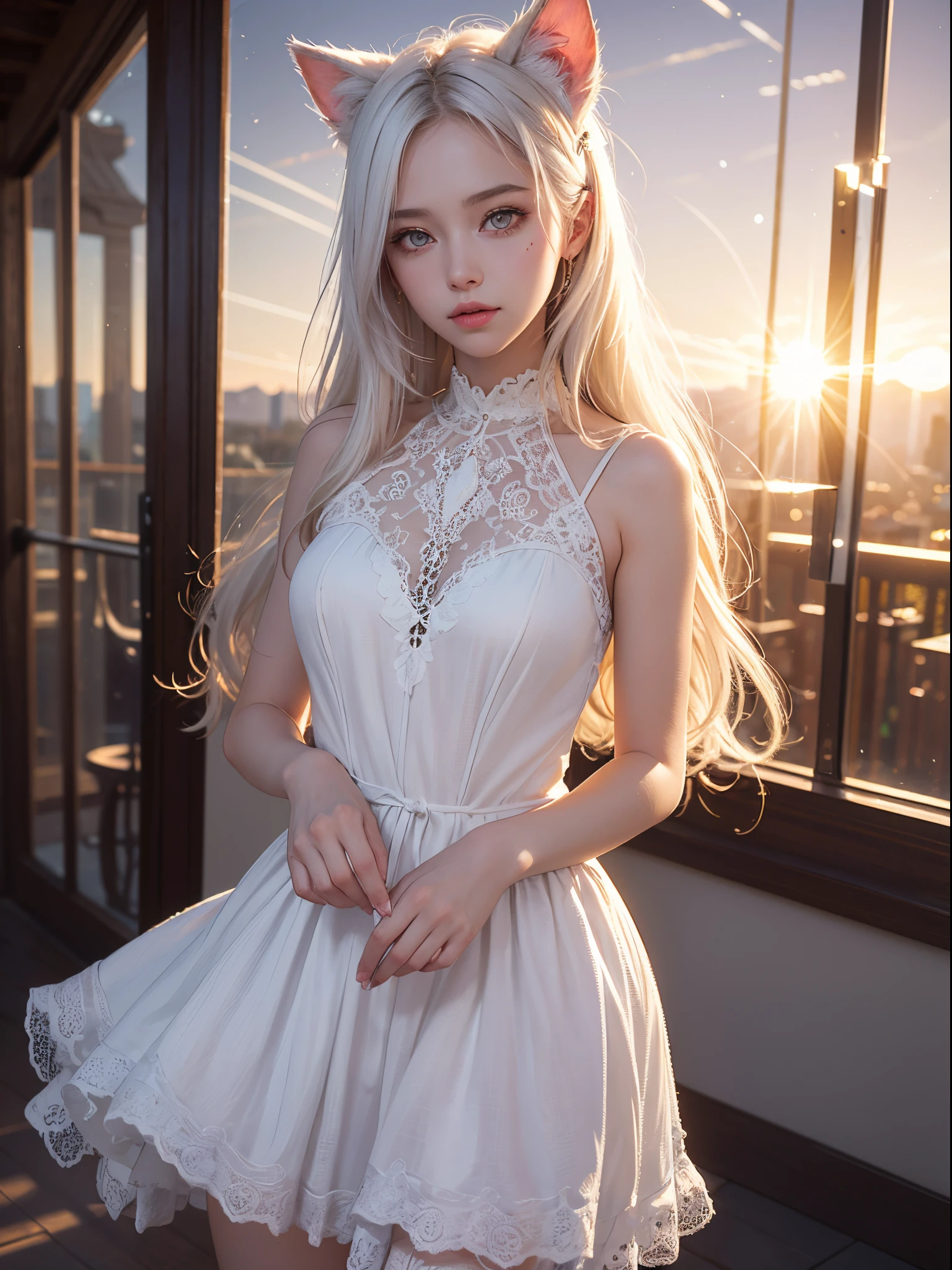 teats、At 8K, masutepiece, Raw photo, Best Quality, Photorealsitic, Very delicate CG Unity, depth of fields, Cinematic Light, lensflare, Ray tracing, (Extremely beautiful face, Beautiful lips, Beautiful eyes), intricate detail face, ((Ultra detailed skin)) girl with, Sunnyday, deepshadow, Cute little girl s,(Very slim and slender fit muscular body:1.4), ((Looking at Viewer)),(Big smile:1.2),Moist eyes,  (pale skin), (Big eyes), (Full body shot), (flaxen hairs), Very slim, medium breasts, (Camel toe), thick thighs, (Fluttering mini skirt), ((white dres)), Ultra mini skirt, flered skirt，Fluttering skirt,fully body photo,standing athletic pose,kindly smile、８K、Raw photo、girl with、hair、white dres、Moist eyes、japanes、Long、