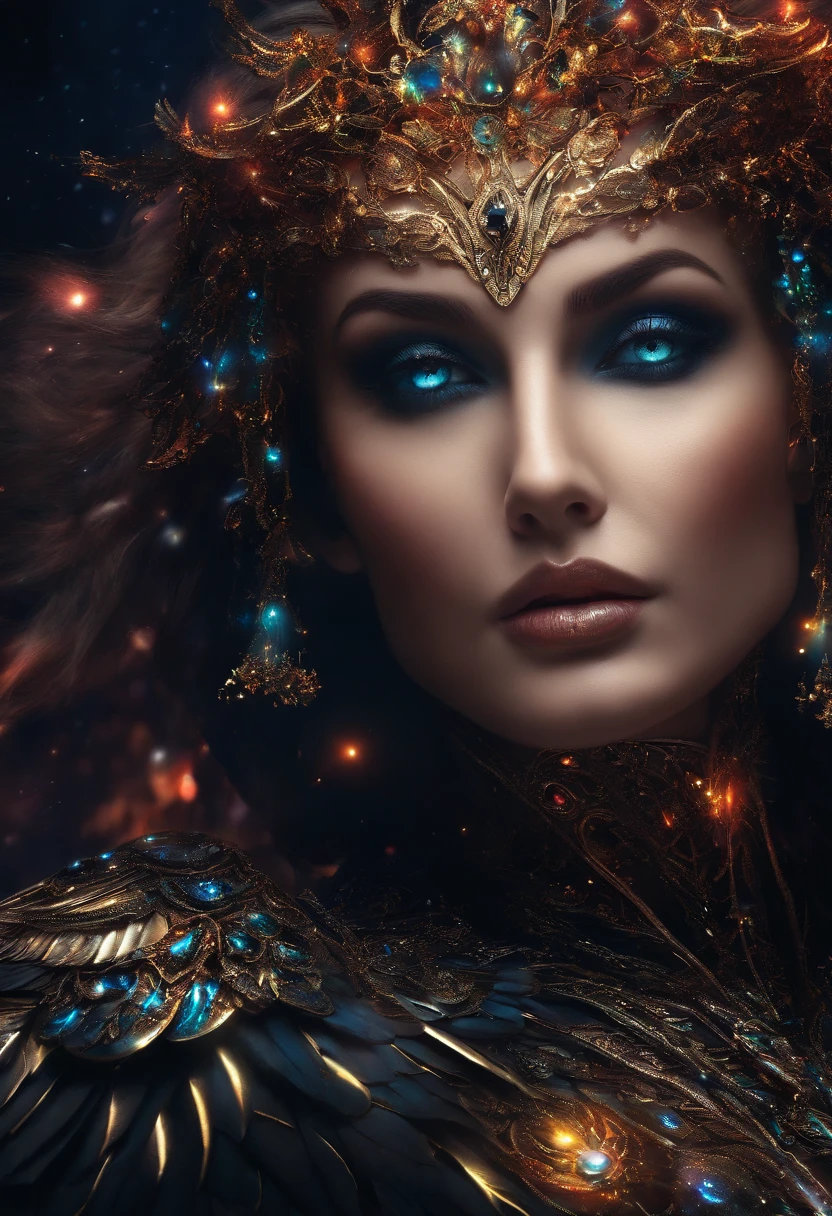 Cosmic Fallen Angel, Bright and clear eyes, Biomechanicals, the strange, fearsome, nightmare, The colors are very vivid, Light particles, There is bright light, Mshiv, wallpaper art, ultra HD wallpaper,nigth,with black background
