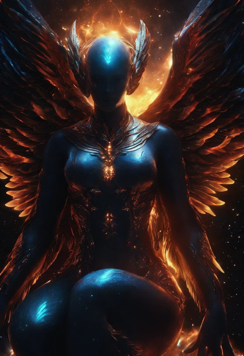 Cosmic Fallen Angel, Bright and clear eyes, Biomechanicals, the strange, fearsome, nightmare, The colors are very vivid, Light particles, There is bright light, Mshiv, wallpaper art, ultra HD wallpaper,nigth,with black background