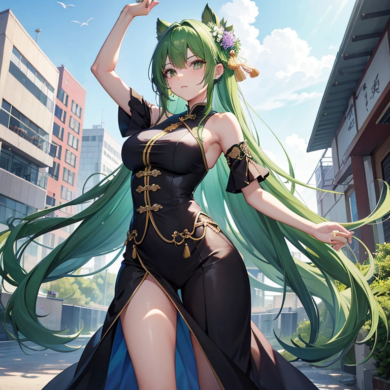 ((masutepiece、An ultra-high picture quality、ultra-quality、8K、clear details、face perfect、Phenomenally cute face、perfect and slender body、realphoto、))15yo student、A cute girl with green hair that stretches down to her back, Standing around 150cm tall.、Green hair、Hair fluttering in the wind、 black chinese clothes、The crotch visible from the black Chinese dress fluttering in the wind、look dissatisfied, but she looks shy.、(A photo looking up from below with a full body composition、The wind flips my clothes and I can see my crotch....)