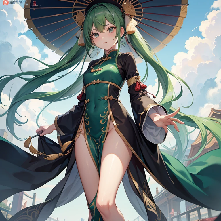 ((masutepiece、An ultra-high picture quality、ultra-quality、8K、clear details、face perfect、Phenomenally cute face、perfect and slender body、realphoto、))、A cute girl with green hair that stretches down to her back, Standing around 150cm tall.、Green hair、Hair fluttering in the wind、 black chinese clothes、The crotch visible from the black Chinese dress fluttering in the wind、with a displeased look on your face, but she looks shy.、(A photo looking up from below with a full body composition、The wind flips my clothes and I can see my crotch...)