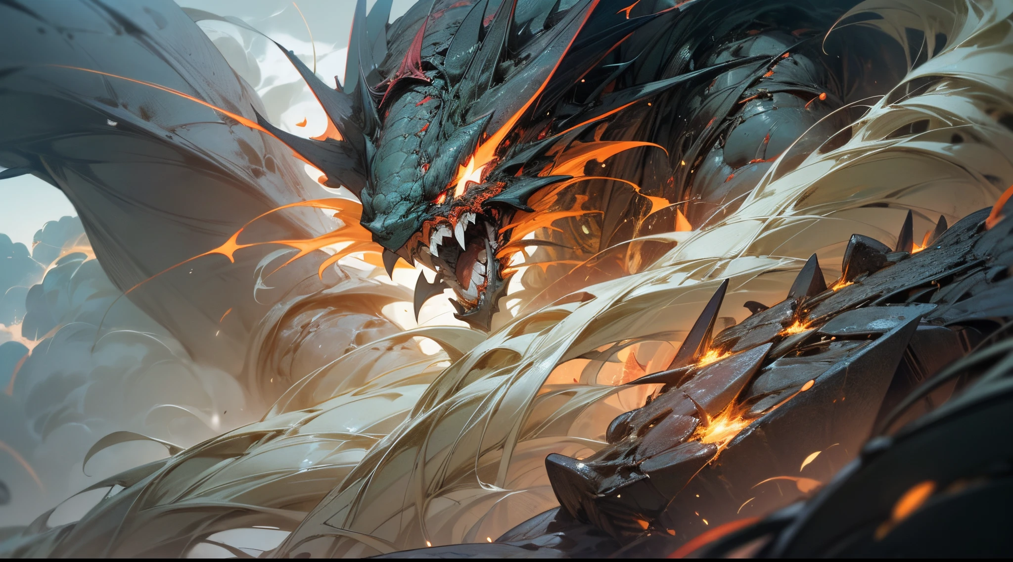 (tmasterpiece, Best quality at best), (The pupils burn like flames), (Monster face,Intense and vivid details,Vivid details of the monster's face,Very detailed description of the monster's face:1.1), Mechanized Dragon,surrounded by thick fog,,8K分辨率,Perverted'tmasterpiece,ink,Fantastic and magical, Powerful energy flow effect, Splash splinter and spark effects,Mechanically constructed dragons,broken metal,Roaring dragon,Glowing scales,Erupting steam,Black smoke,red scales,Red eyes,glowing light eyes,Bushy hair,green aura,black quartz,Surrounded by clouds,