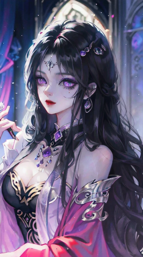 Female 2.9 Dark Lord Dark Kingdom 1.3 Dark Angel 1.6 Inky black robe, eyes glowing purple, black gems, magic, long hair, dangerous aura, black magic, shadow action, evil wisdom, ambition, aura to rule the world, eternal power, coldness, cruelty, charm, mystery, complex, edge of light and darkness, temptation of evil forces