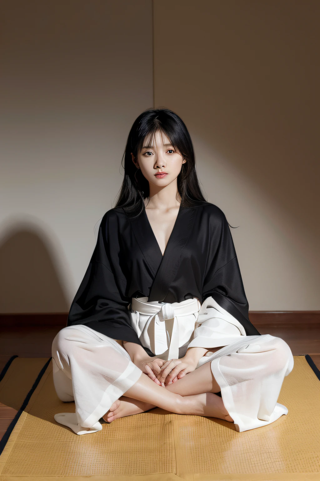 A man wearing a flowing black and white robe、Chinese woman with gold belt,Sit on a mat and meditate,He crossed his arms,The robe covers the legs,The temperament is elegant,sitting upright,blank background behind。