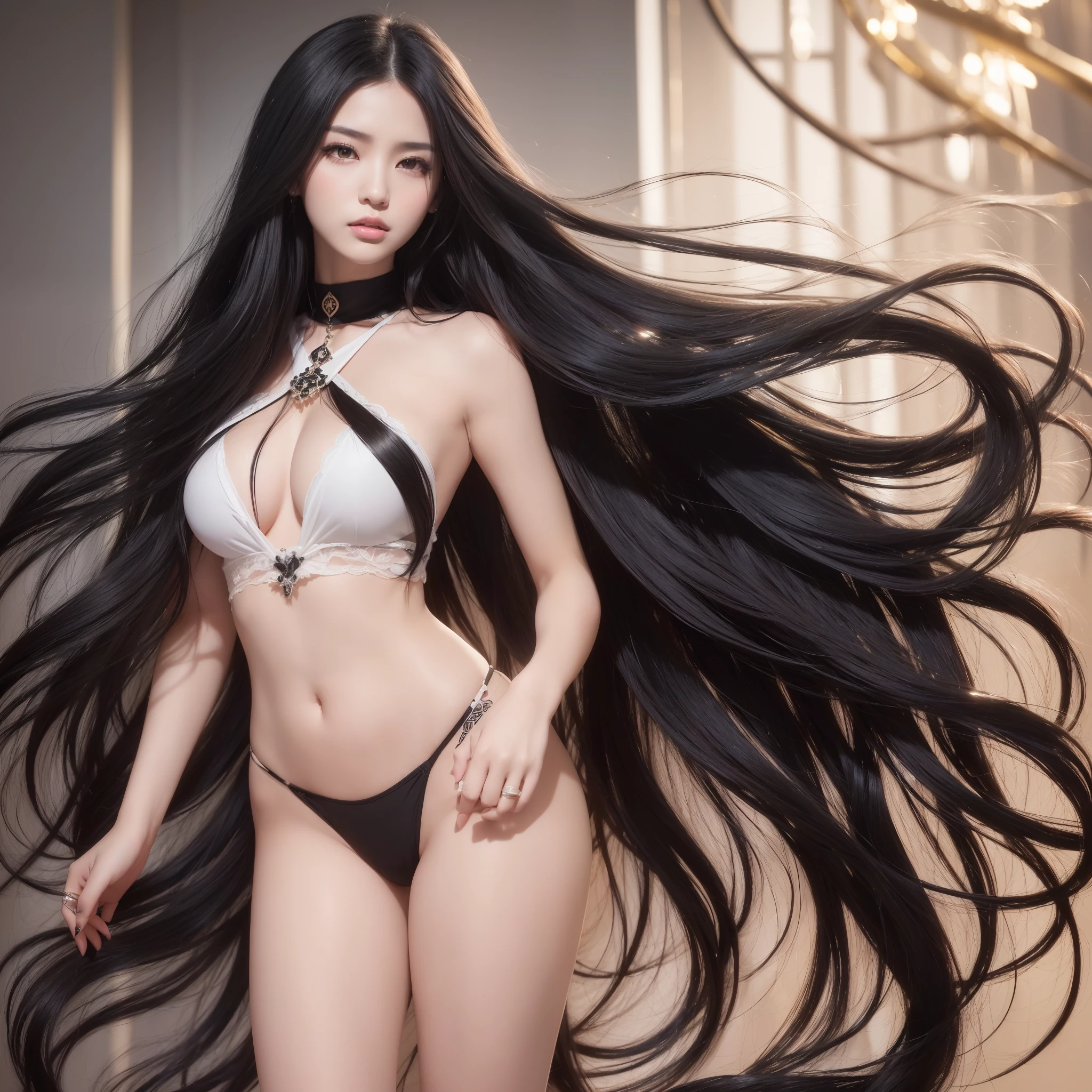 (Top image quality、top-quality、Top resolution、hyper realistic photography、Full body photo、masterpiece、16k、)1girl in、Surprisingly long black hair is super beautiful、hair length about 3 meters、White underwear or naked、Hide the whole body with straight black hair、Very beautiful face、well-groomed beautiful black hair、very large amount of hair、Ultra-long black hair with an emphasis on sex appeal as a woman、slim figure、Lustrous beautiful hair、Bright lighting、profetional lighting、Winner of the World Long Hair Contest、Full body real photo、Head-to-toe photo、Photo taken from about 4 meters away、Super Real、Two hands、2 legs、The longest black hair in the world、Hair is heavy and tired、Hair longer than Rapunzel、very large amount of hair、I hide my whole body with very long black hair、Hair that is shampooed every day is very clean、Hair smells of roses、Very long black hair is my sex appeal、Very long black hair is my charm、Long black hair is a symbol of beauty、My pride is very long black hair、This long hair length and amount is admired all over the world、My very long black hair is spread out in a fan shape、Facing backwards、Sleeping face down、Silky black hair flowing from the shoulders to the floor、Ridiculously large amount of hair、The hair is ridiculously bushy、Wrap the entire bed in hair、Hide my hands with long hair、Hide my fingers with long hair、A storm of angry black hair that seems to overflow from the screen、
