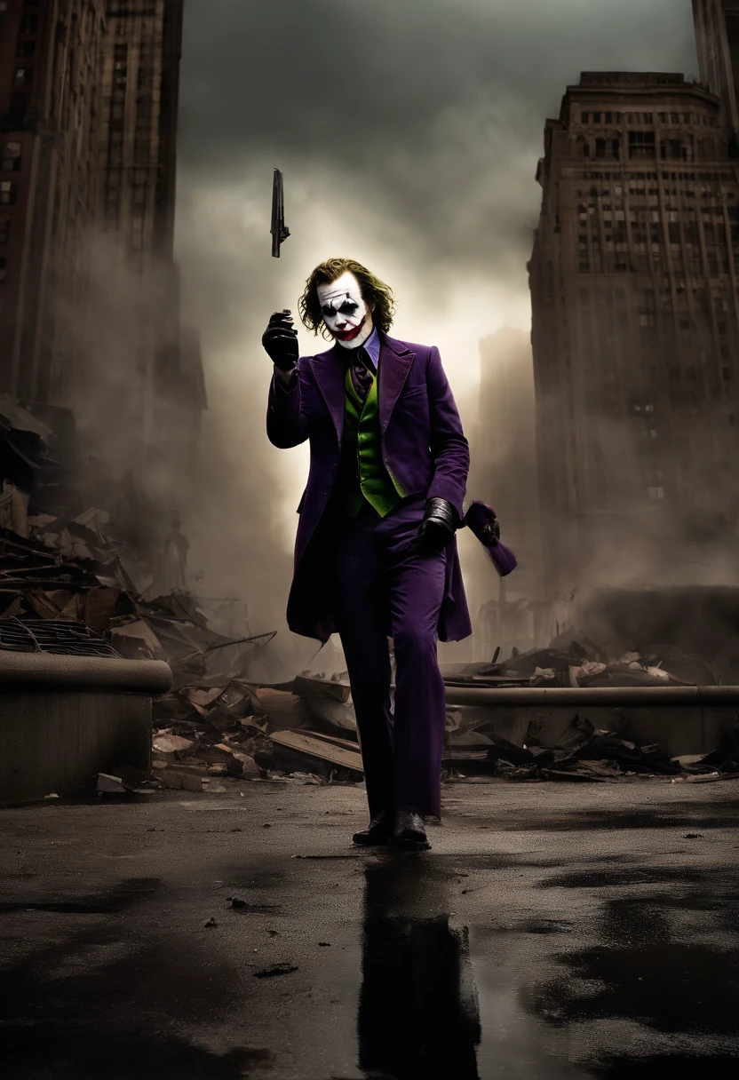 A photo of the Joker standing on top of a Gotham City hospital, surrounded by chaos and terror,The Dark Knight,Heath Ledger’s portrayal of the Joker in “The Dark Knight” is marked by his disheveled, greasy hair, smudged clown makeup, and a chilling, scarred smile that gives him a menacing and unpredictable appearance. His attire, a mismatched suit with a ragged purple coat, adds to his chaotic and anarchistic persona.