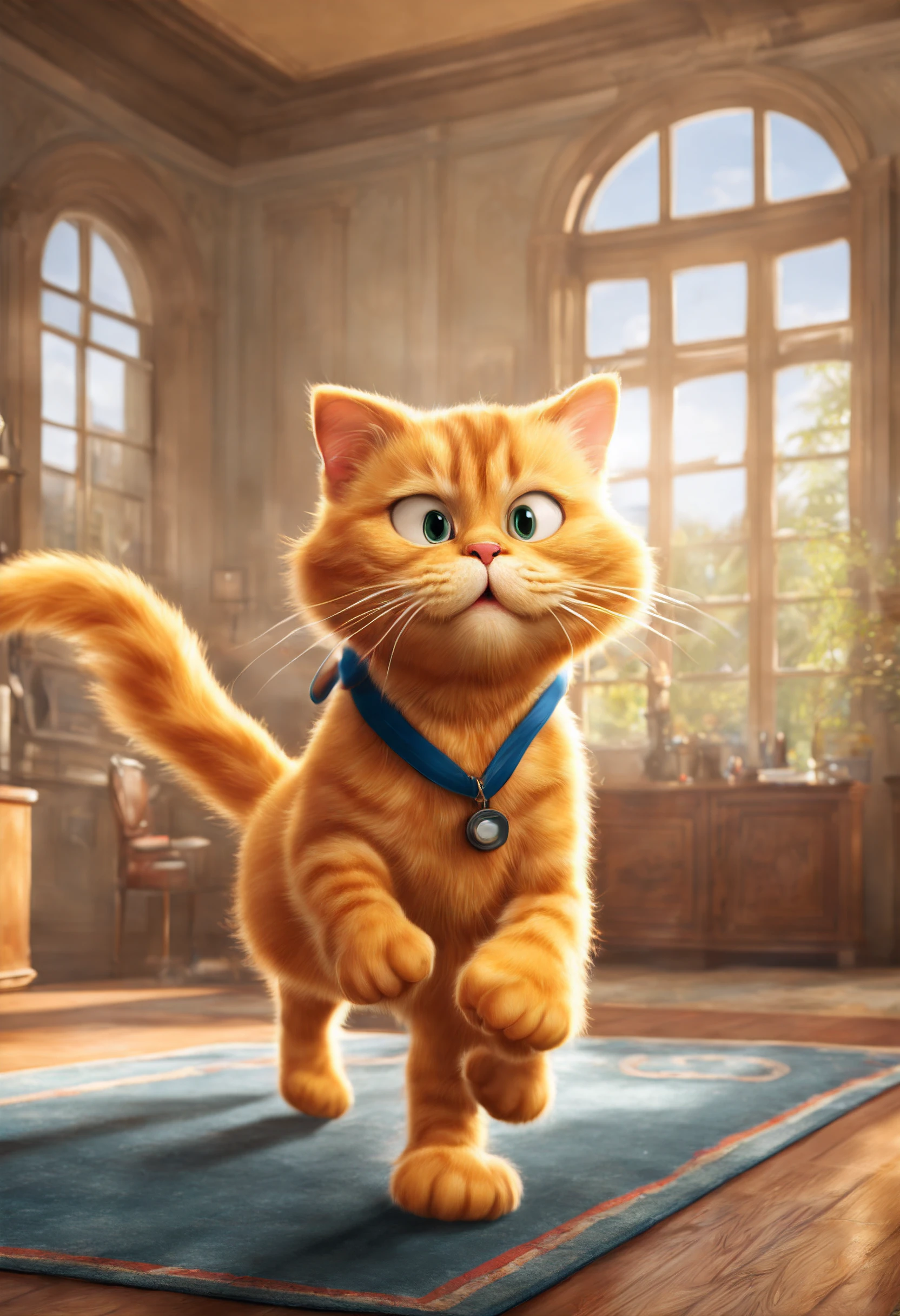 Garfield cat and Andrey Garfield running around in mansion