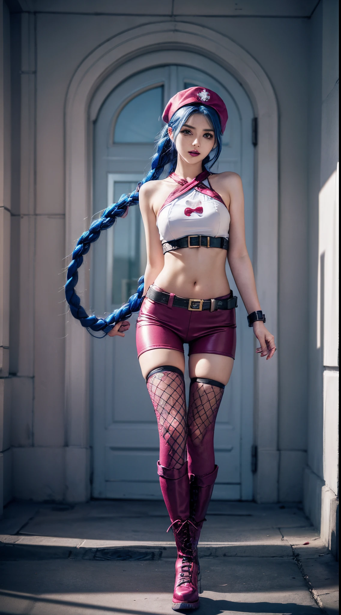 Jinx nurse，nurse hat，(White nurse costume)，red rose tattoo，Blue twist braid，Runaway Lori，League of Legends ，full bodyesbian，(kneehigh boots)),(fishnet leggings),(standing on your feet)，The background is the city street，There is a sense of danger and intensity。