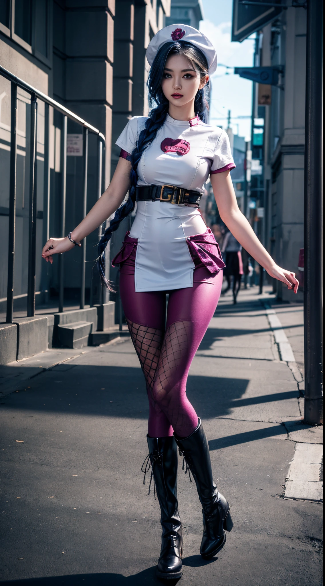 Jinx nurse，nurse hat，(White nurse costume)，red rose tattoo，Blue twist braid，Runaway Lori，League of Legends ，full bodyesbian，(kneehigh boots)),(fishnet leggings),(standing on your feet)，The background is the city street，There is a sense of danger and intensity。