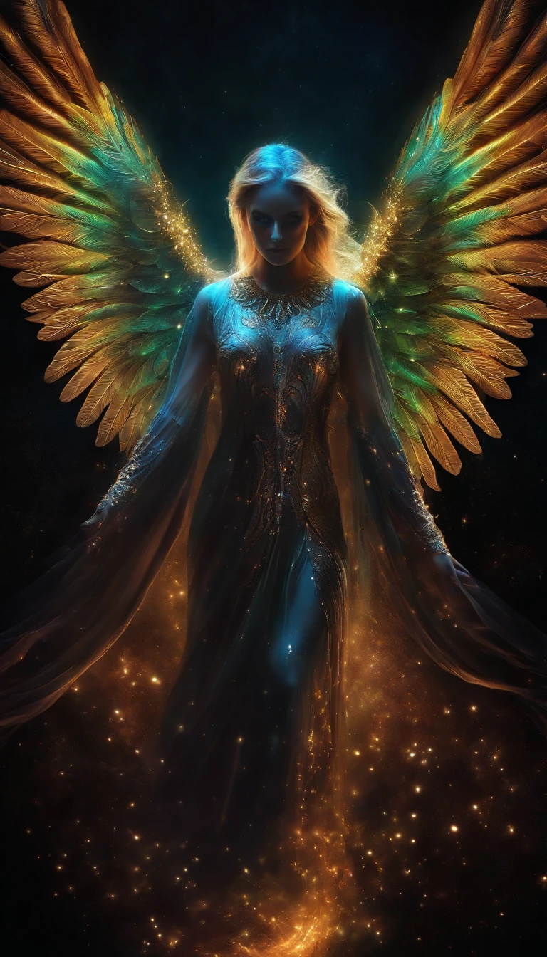 Cosmic Fallen Angel, Bright and clear eyes, Biomechanicals, the strange, fearsome, nightmare, The colors are very vivid, Light particles, There is bright light, Mshiv, wallpaper art, ultra HD wallpaper,natta,with black background,Contre-Jour