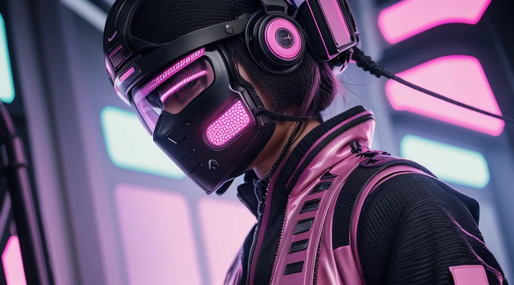 Vr-samurais shinobi, wearing vr headset, vr headset, vr, virtual reality, vr glasses, satanic harajuku street wear, 18 year old girl, holographic transparent glossy, no gravity, medium half bidy shoot, minimalist, pastel color, glossy, exquisite detail, half-body sharp-focus, behance, artstation, intricately-detailed, low-contrast, high-sharpness, ultra-detailed, white render, gradient background, futuristic photorealistic, photo realism, 8k, hyper realistic, woman in pink glossy harajuku fashion, with a cyberpunk mask, vr headset, wearing japanese techwear, photograph of a techwear woman, cyberpunk streetwear, wearing cyberpunk streetwear, techwear, cyberpunk techwear, techwear fashion, future techwear, wearing techwear and armor, futuristic techwear, 2 techwear women, very beautiful cyberpunk samurai, techwear look and clothes