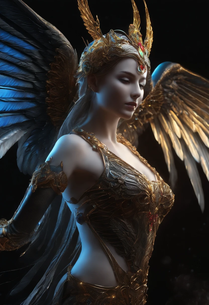 angelicales, Bright and clear eyes, Biomechanicals, The colors are very vivid, Light particles, There is bright light, Mshiv, wallpaper art, ultra HD wallpaper,natta,with black background,Full body photo of the six-winged angel,long leges,Contre-Jour,with black background