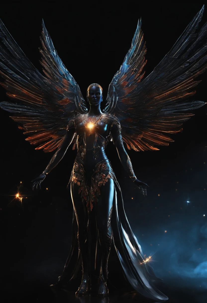 angelicales, Bright and clear eyes, Biomechanicals, The colors are very vivid, Light particles, There is bright light, Mshiv, wallpaper art, ultra HD wallpaper,natta,with black background,Full body photo of the six-winged angel,long leges,Contre-Jour,with black background