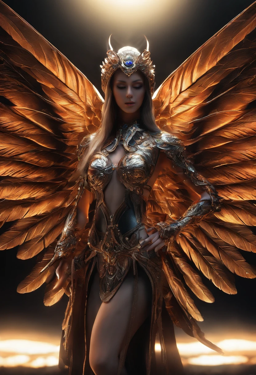 angelicales, Bright and clear eyes, Biomechanicals, The colors are very vivid, Light particles, There is bright light, Mshiv, wallpaper art, ultra HD wallpaper，natta，with black background，Full body photo of the six-winged angel，long leges，Contre-Jour，with black background