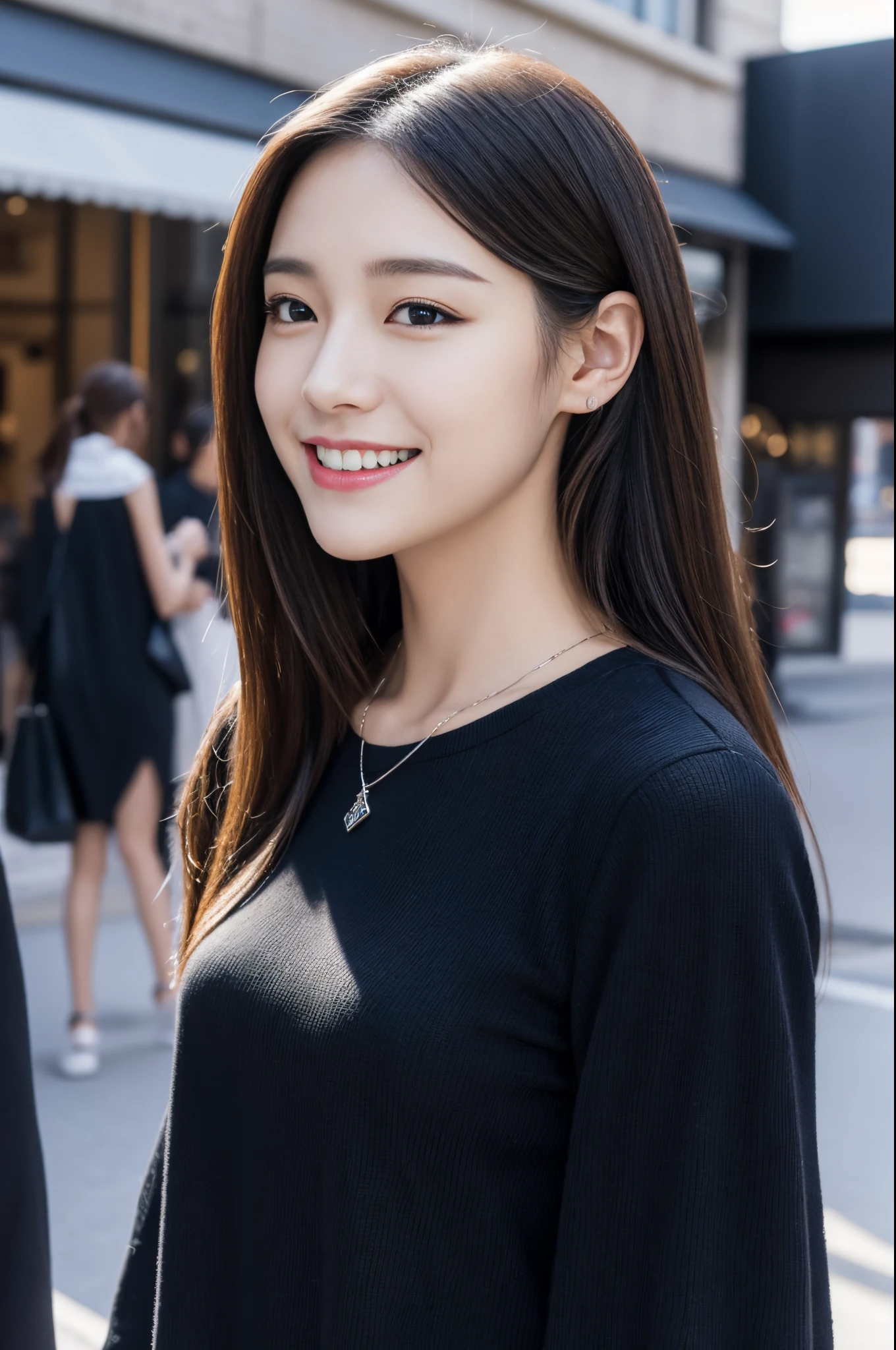 Walk the streets of the city,One lady、 Black shirt, wearing gorgeous black clothes, She wears a black shirt.Black Dress, shopping, In the city, highly detailed beautiful girl, Highly detailed face, Highly detailed eyes, highly detailedskin, extremely detailed fingers, highly detailed nose, very detailed detailed mouth、Smile a little、black pendant、skip、Listening to music、i'breathing