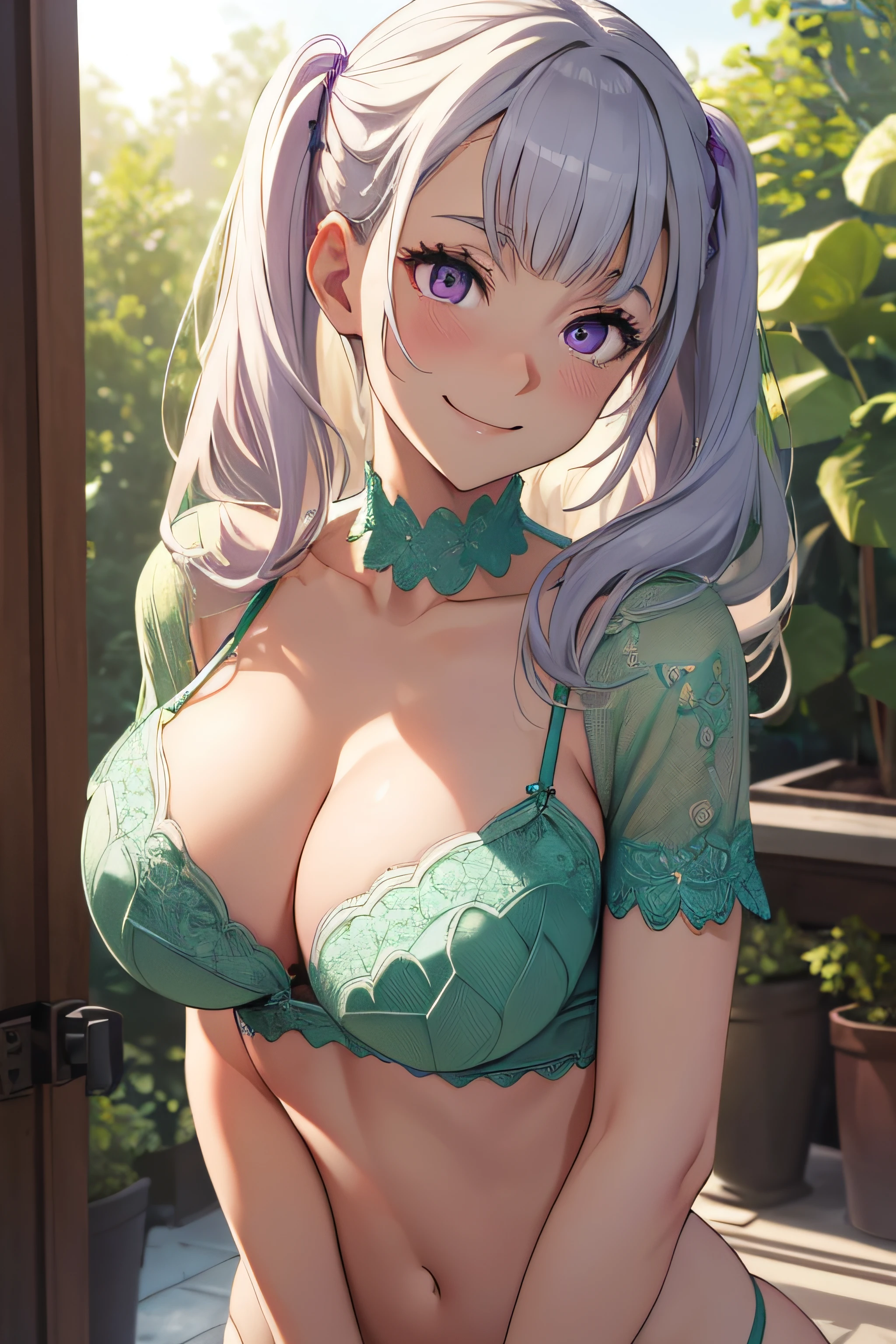 high definition, 8K, detailed face, grabbing her breast, showing her breast, Noelle Silva, ((Deep purple eyes)), ((light green lingerie)), spa, ((large breasts)), slim and thin, body of equal proportions, ((focus on her breast)), front view, four fingers and 1 thumb, ((2 hands)), White hair, Beautiful smile, Smiling at viewer, blushing cheeks,