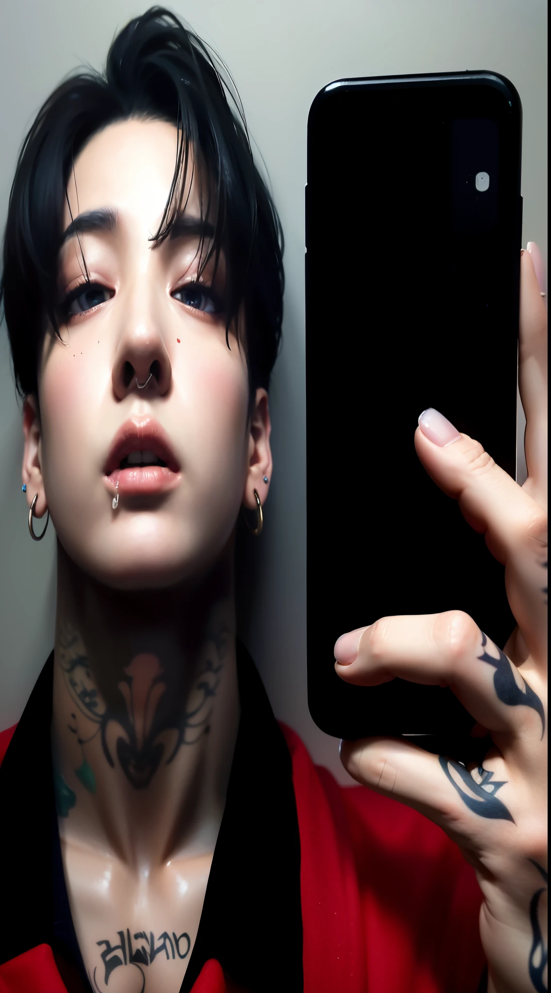 homem arafiado com tatuagens segurando um celular na frente do rosto, Jungkook, Cai Xukun, inspirado em Yanjun Cheng, inspirado em Gang Se-hwang, inspirado em Kim Deuk-sin, fotorrealista!!!!!!! estilo de arte, realismo artstyle, Inspirado em Jeonseok Lee, [ arte digital ]!!, [ Arte digital 4K ]!!