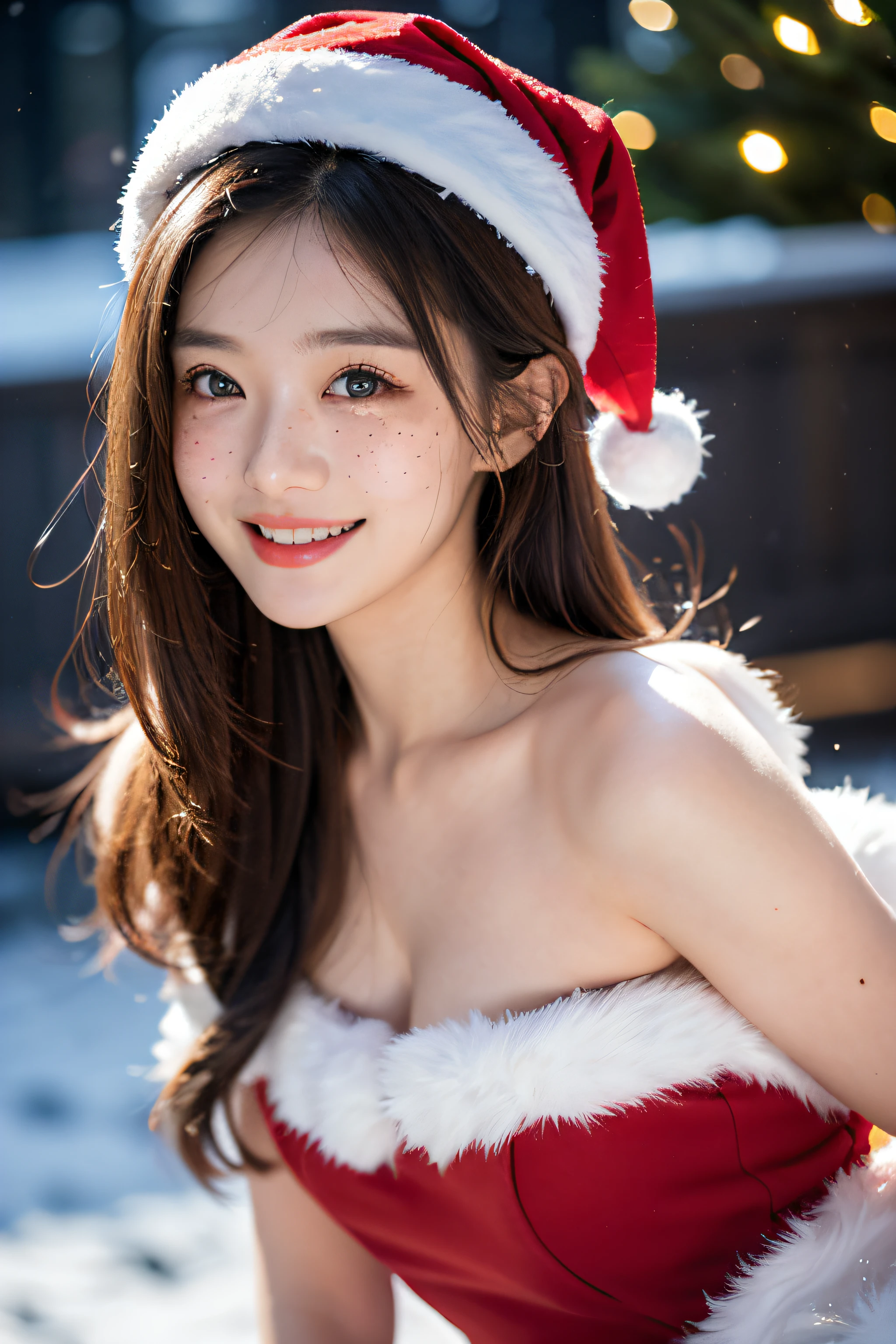 1个Giant Breast Girl, dark brown hair, 黑The eye, Christmas dress, mid - length hair, small freckles,The smile is cute,christmas,Snowflakes