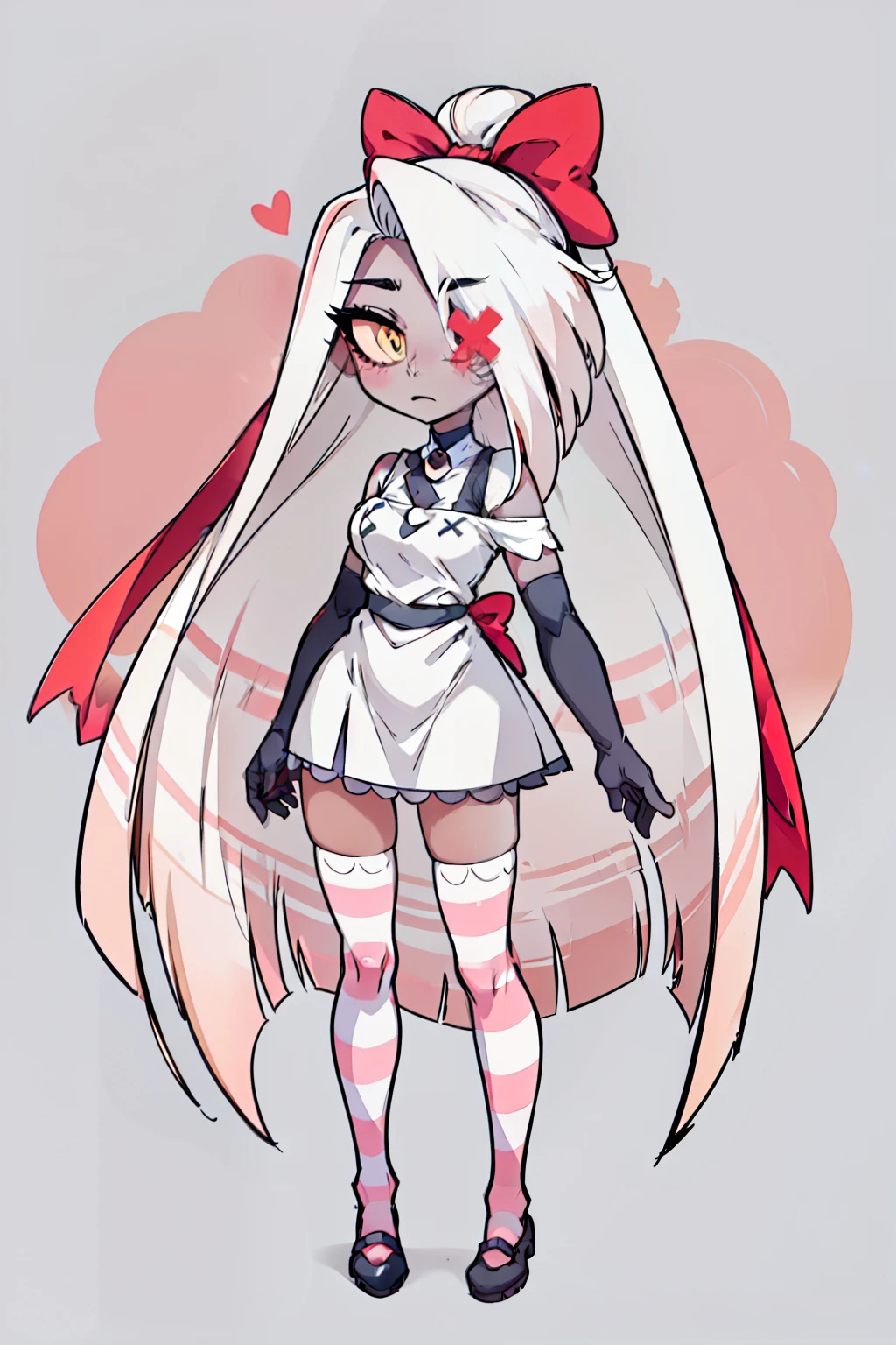 Vaggie, 1girl, gray skin, white hair, pink sclera, yellow pupils, long hair, white dress, pink and white striped stockings, hair bow, long gloves, perfect anatomy, solo