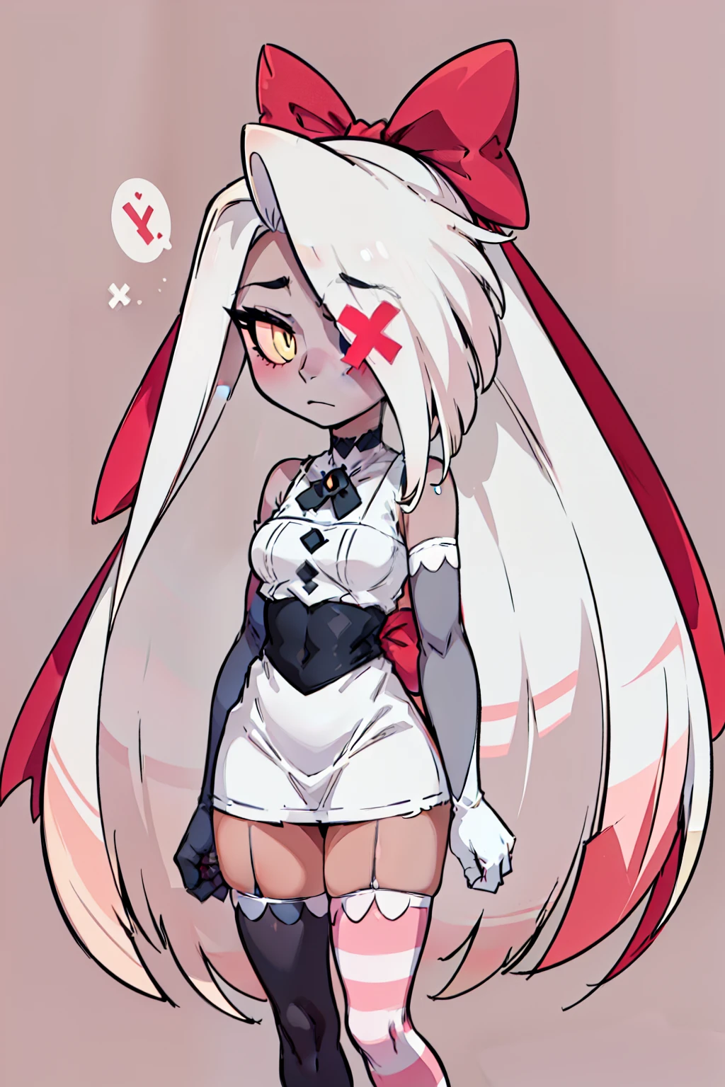 Vaggie, 1girl, gray skin, white hair, pink sclera, yellow pupils, long hair, white dress, pink and white striped stockings, hair bow, long gloves, perfect anatomy, solo