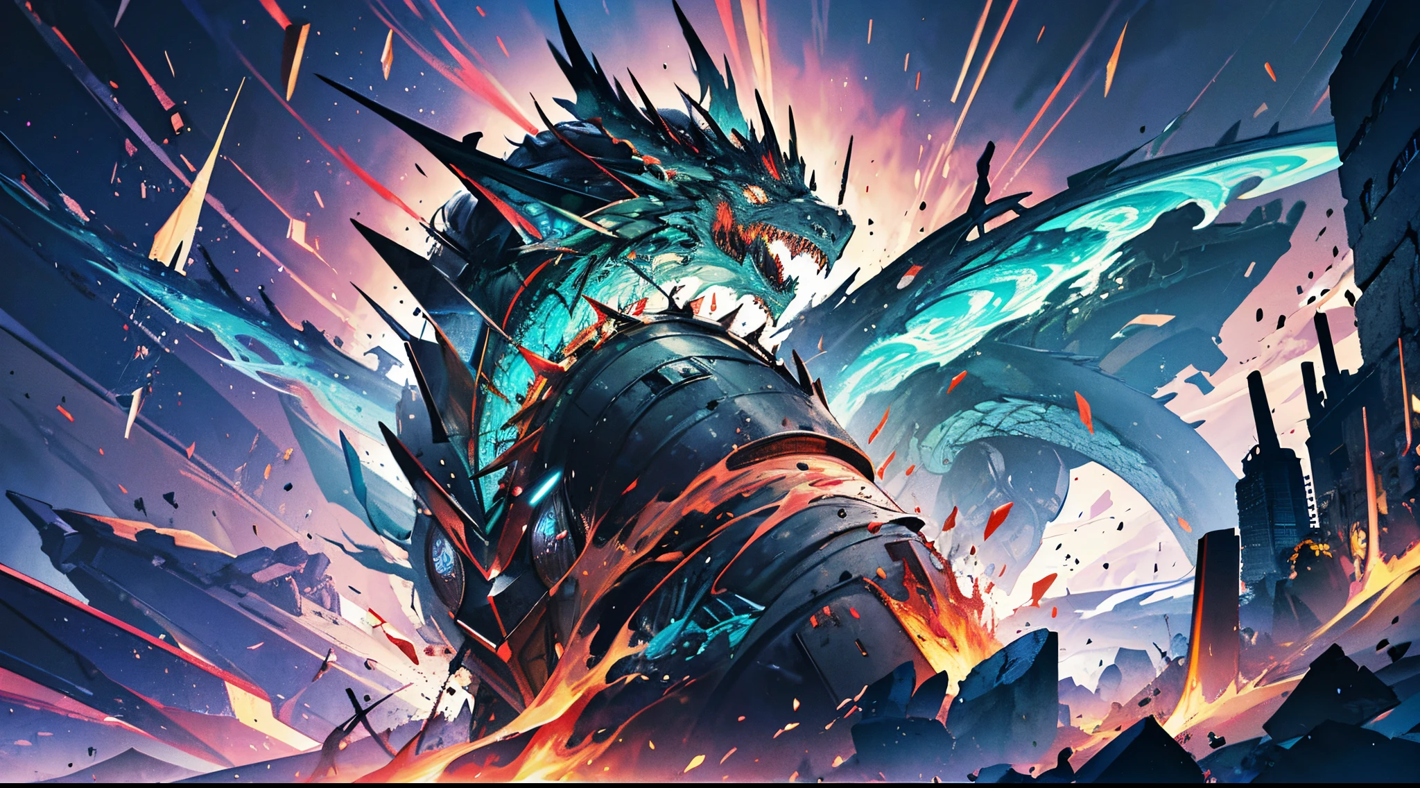 (tmasterpiece, Best quality at best), (The pupils burn like flames), (Monster face,Intense and vivid details,Vivid details of the monster's face,Very detailed description of the monster's face:1.1), Mechanized Dragon,surrounded by thick fog,,8K分辨率,Perverted'tmasterpiece,ink,Wonderful and magical, Powerful energy flow effect, Splash splinter and spark effects,Mechanically constructed dragons,broken metal,Roaring dragon,Glowing scales,Erupting steam,Black smoke,red scales,red eyes,glowing light eyes,Bushy hair,green coat of arms,Black giant horn,Surrounded by clouds,