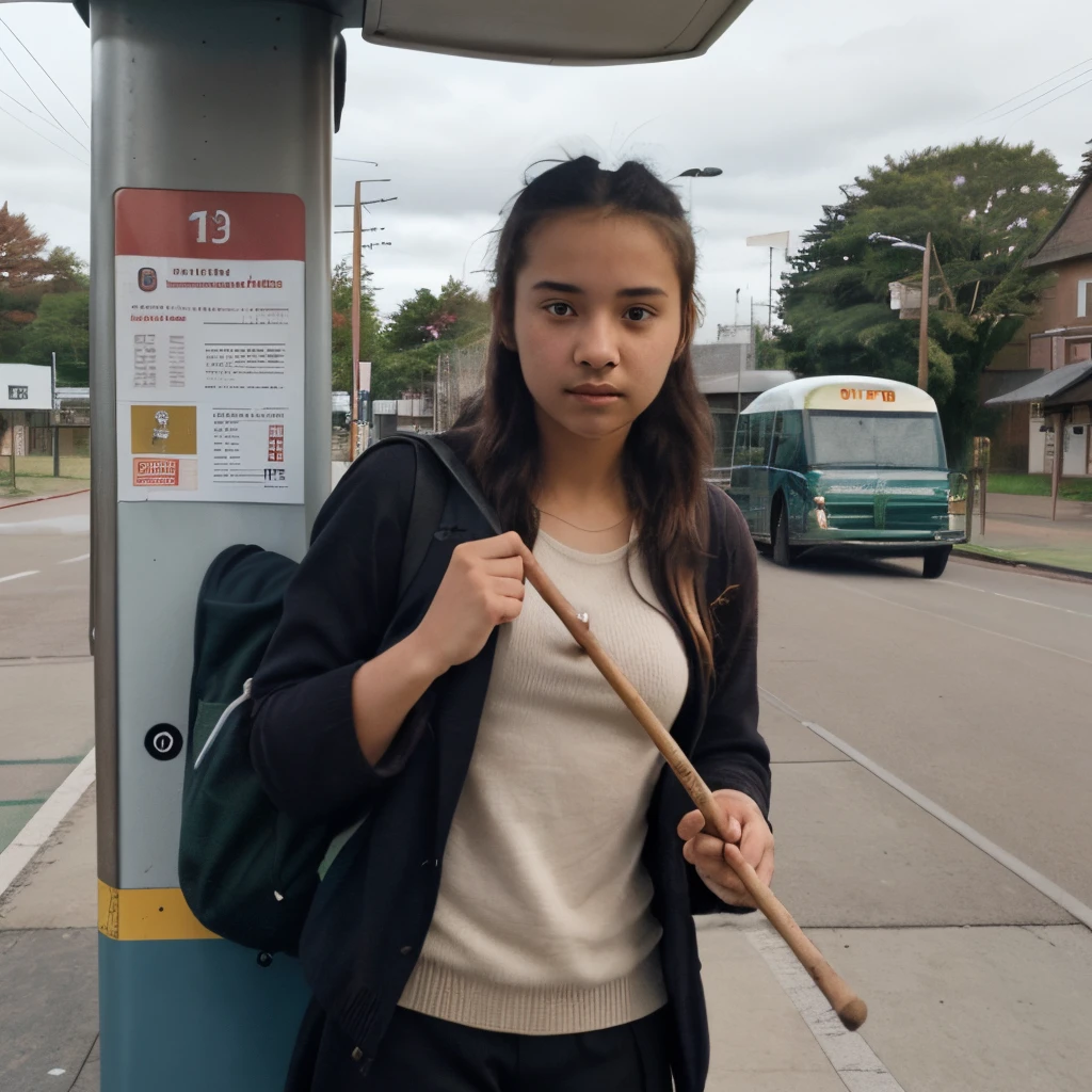 Image of a female student holding a stick and standing at a bus stop.